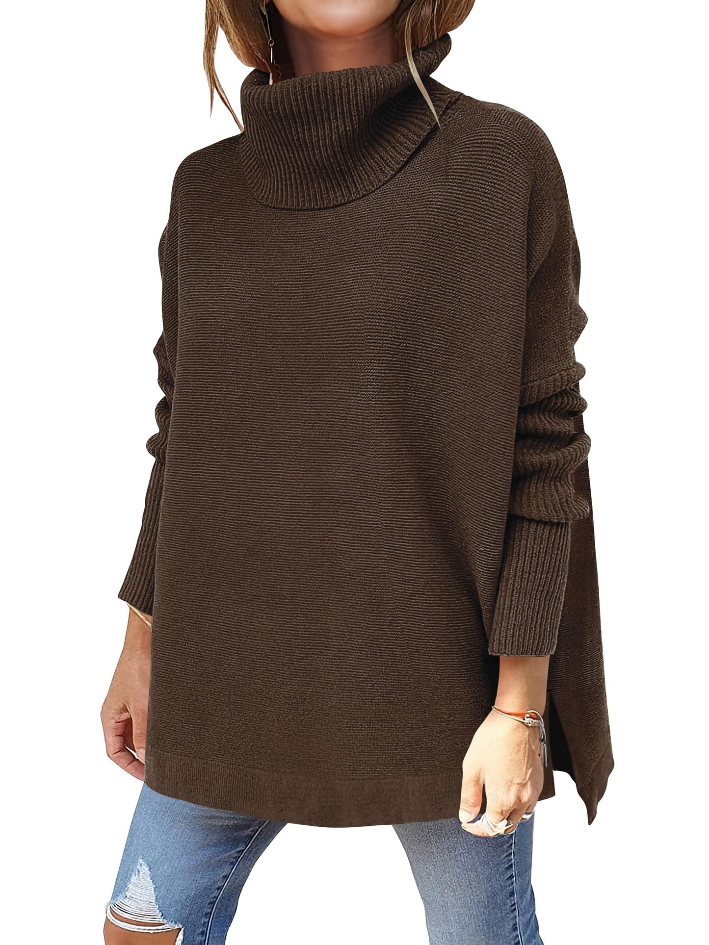 Caracilia Women's Turtleneck Oversized Sweaters 2024 Fall Long Batwing Sleeve Spilt Hem Tunic Pullover Sweater Knit Tops