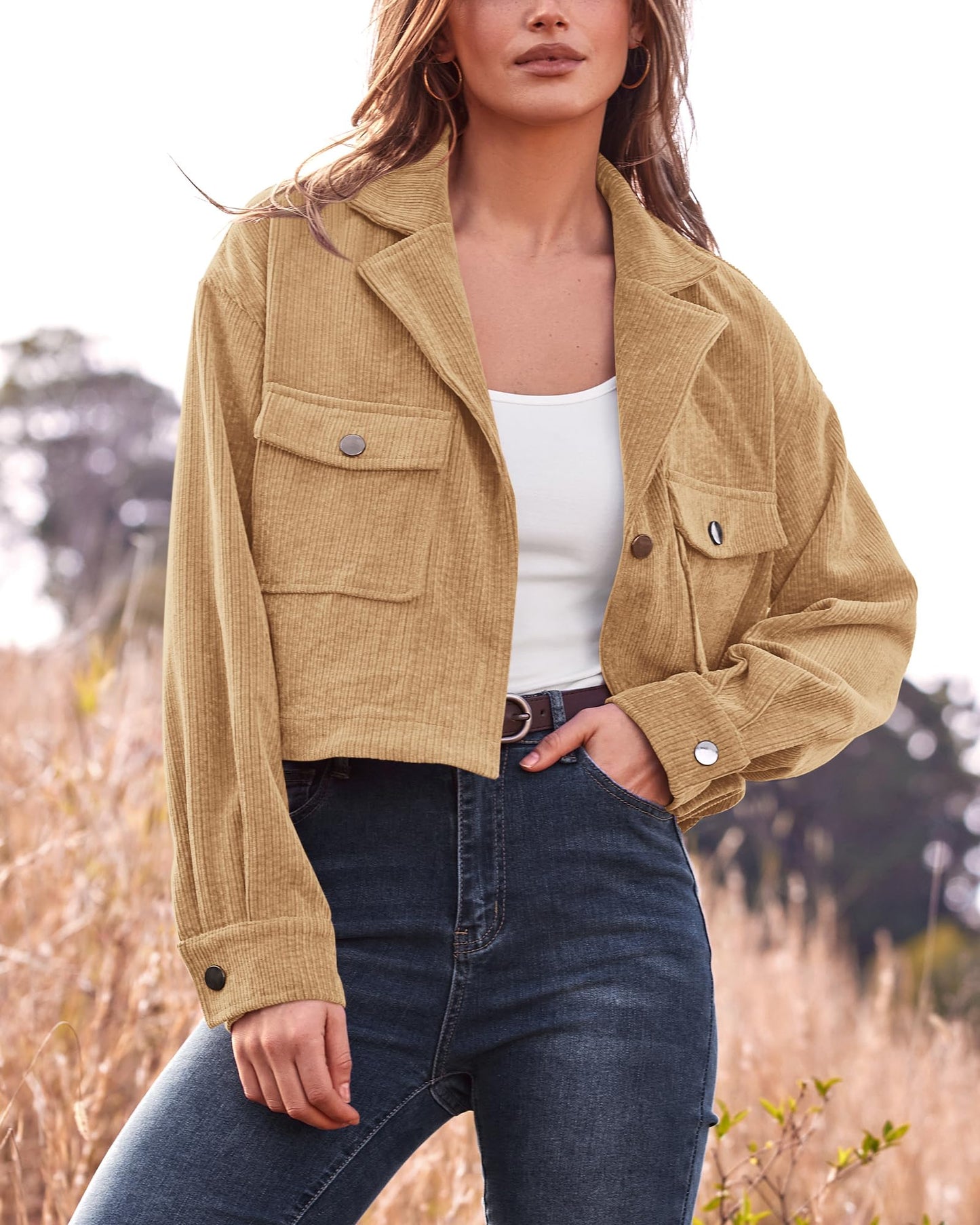 BTFBM Women's Corduroy Cropped Jacket 2024 Winter Fall Lapel Button Down Casual Short Shacket Jackets Coats with Pockets