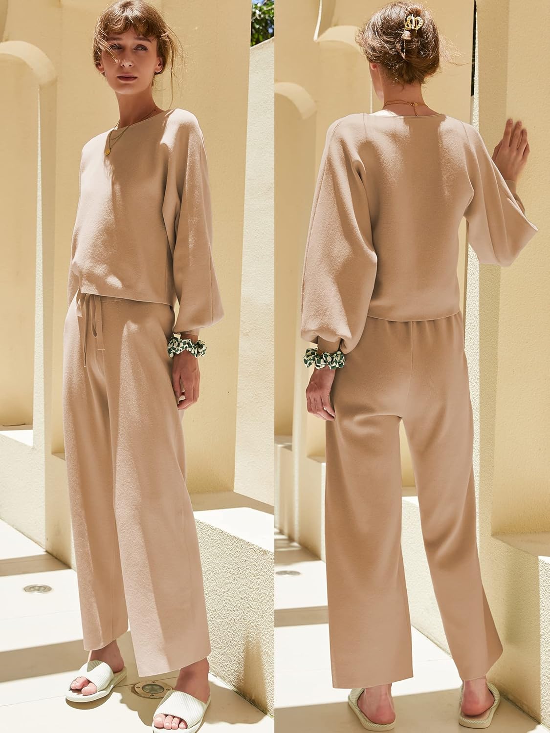 Ekouaer Knit Lounge Sets for Women 2 Piece Cozy Long Sleeve Pullover Sweater Top and Wide Leg Pants Set Pajamas Outfits