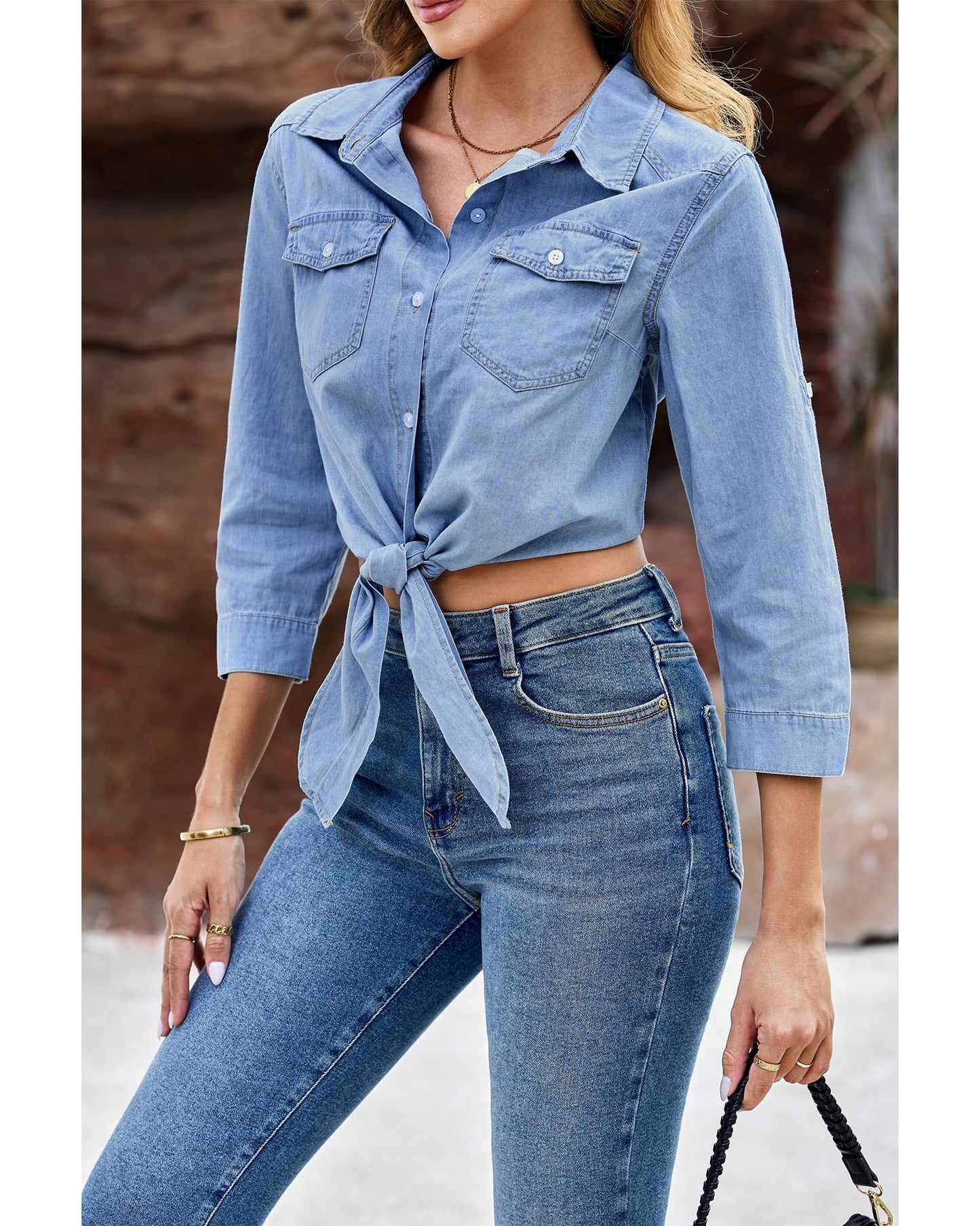 luvamia Denim Tops for Women Trendy Button Down Denim Shirt Tie Front Blouse 3/4 Sleeve Jean Chambray Crop Top Cardigan