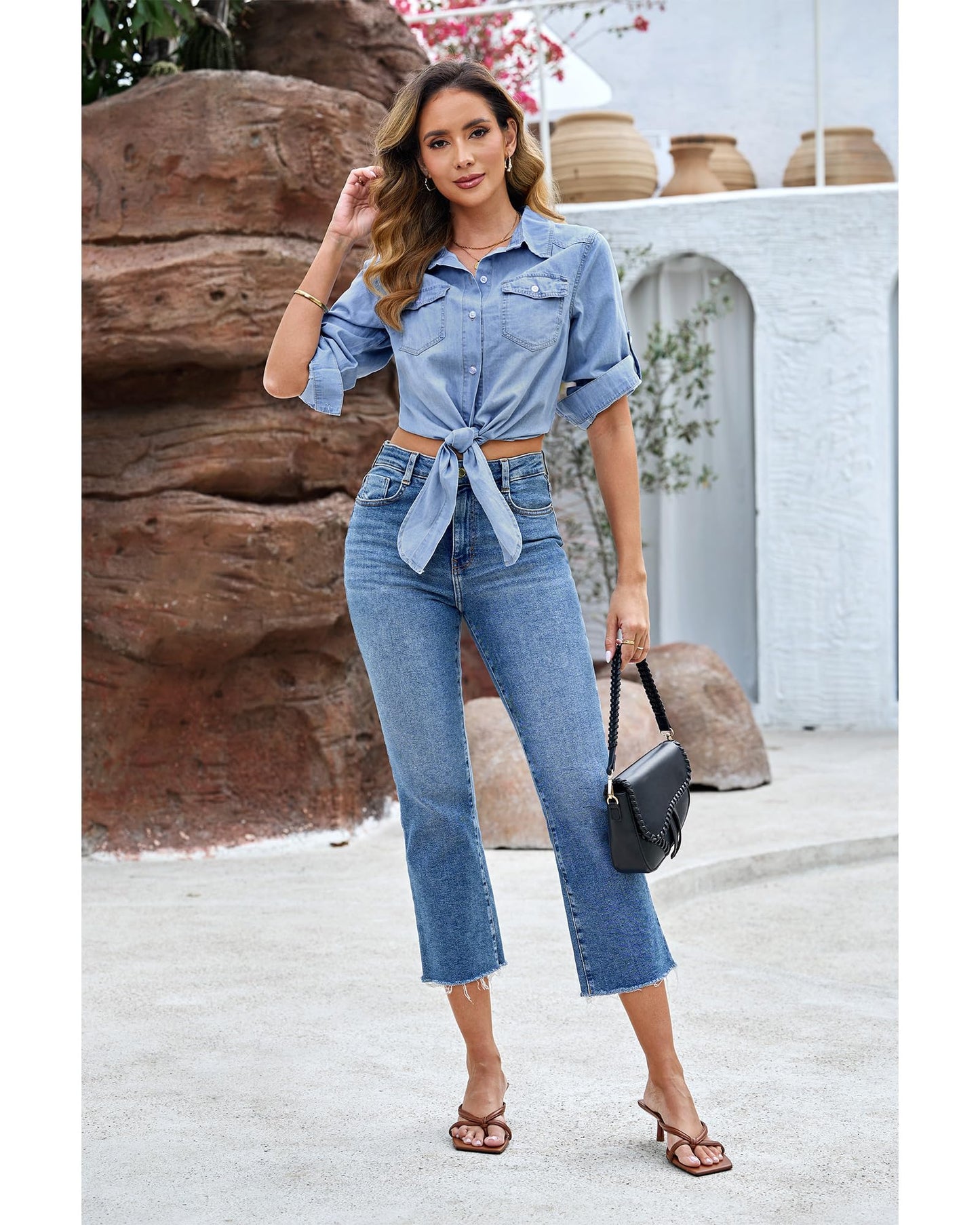 luvamia Denim Tops for Women Trendy Button Down Denim Shirt Tie Front Blouse 3/4 Sleeve Jean Chambray Crop Top Cardigan