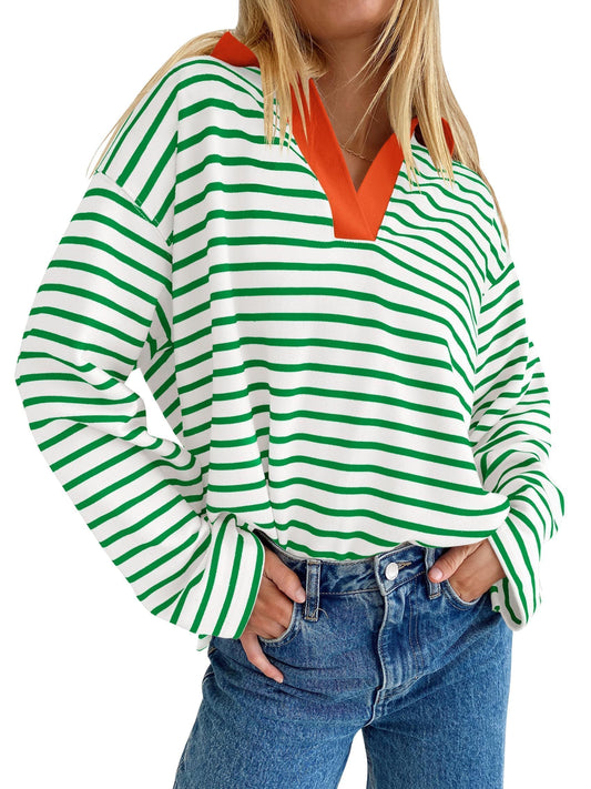 ZESICA Womens Striped Long Sleeve Shirts 2024 Casual V Neck Oversized Sweatshirt Loose Fit Tunic Tops Fall Blouses