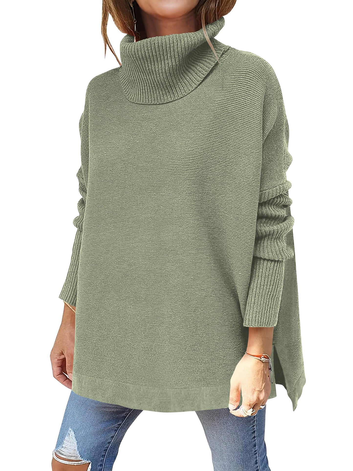 Caracilia Women's Turtleneck Oversized Sweaters 2024 Fall Long Batwing Sleeve Spilt Hem Tunic Pullover Sweater Knit Tops