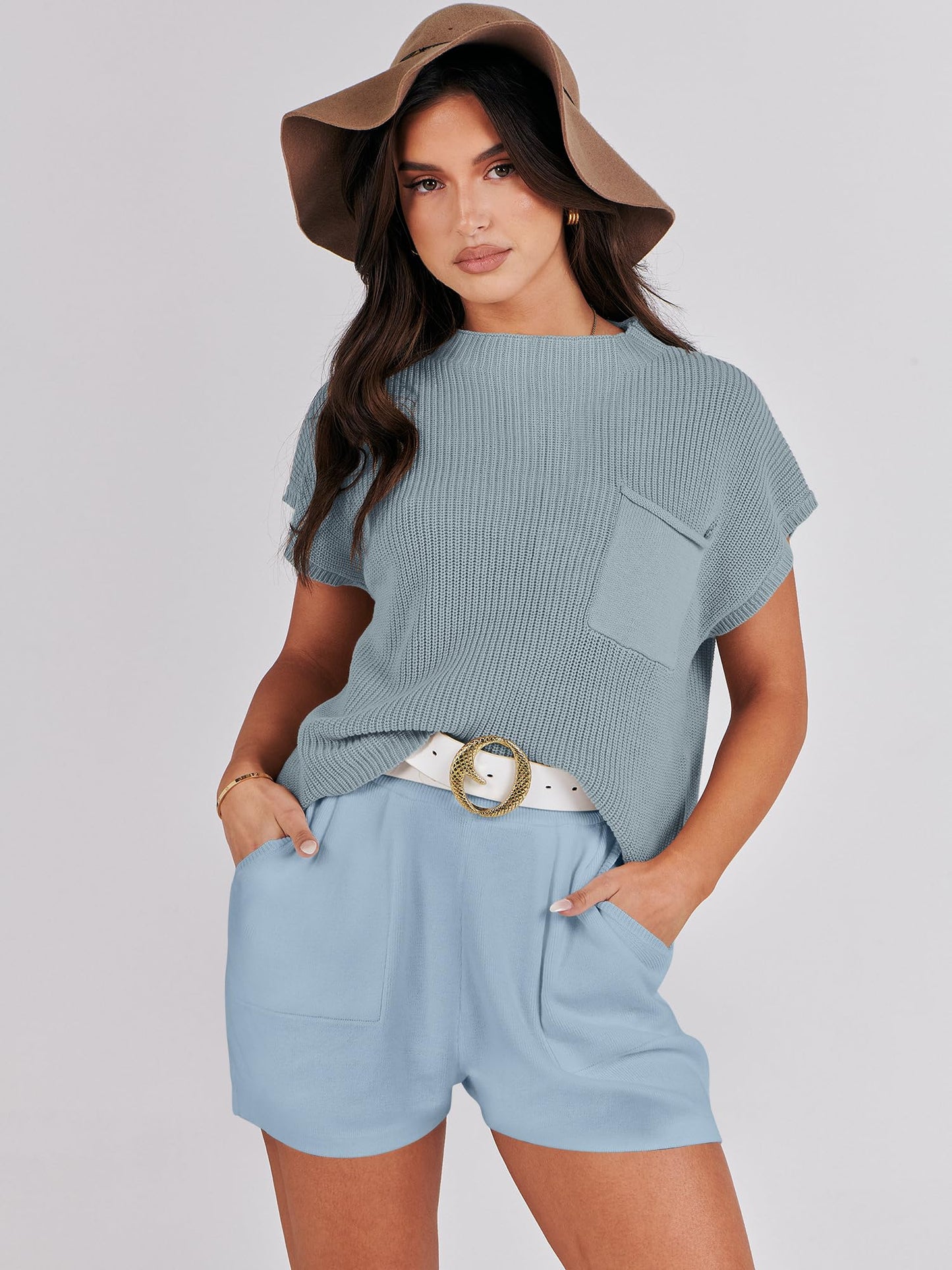 Caracilia 2 Piece Lounge Sets for Women 2024 Summer Short Sleeve Sweaters and Shorts Matching Sets Clothing Casual Fashion