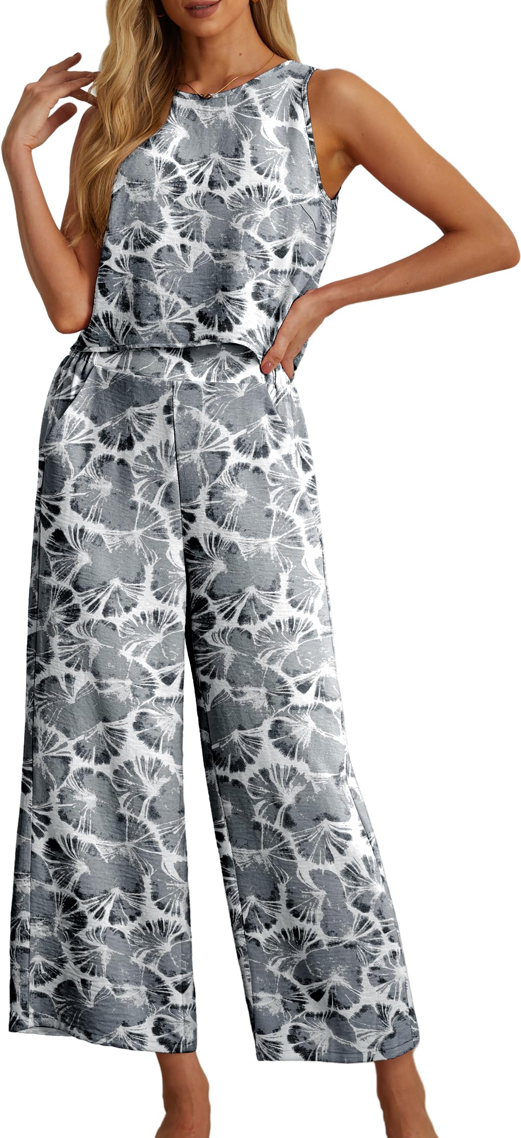 IWOLLENCE Women's Summer 2 Piece Outfits Set Round neck Sleeveless Tank Crop Top Wide Leg pants Set Pockets Jumpsuits