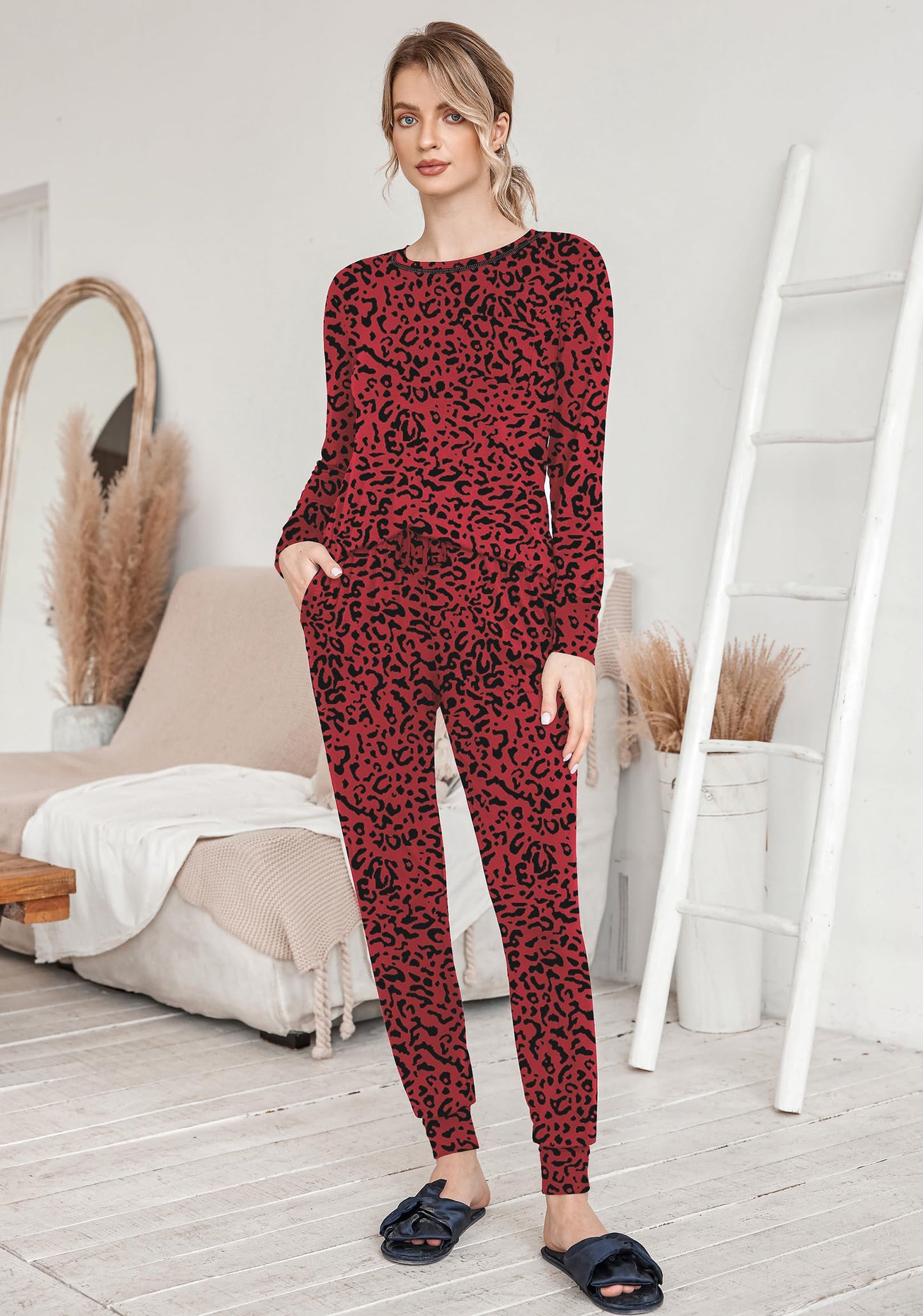 Ekouaer Pajamas Women's Long Sleeve Pj Set Soft 2 Piece Loungewear Sleepwear with Jogger Pants XS-3XL