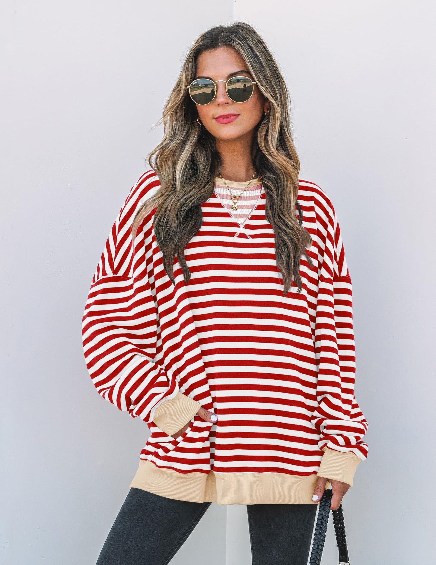 ZESICA Womens Casual Striped Pullover Tops Long Sleeve Shirts Crewneck Oversized Sweatshirts 2024 Fall Clothes