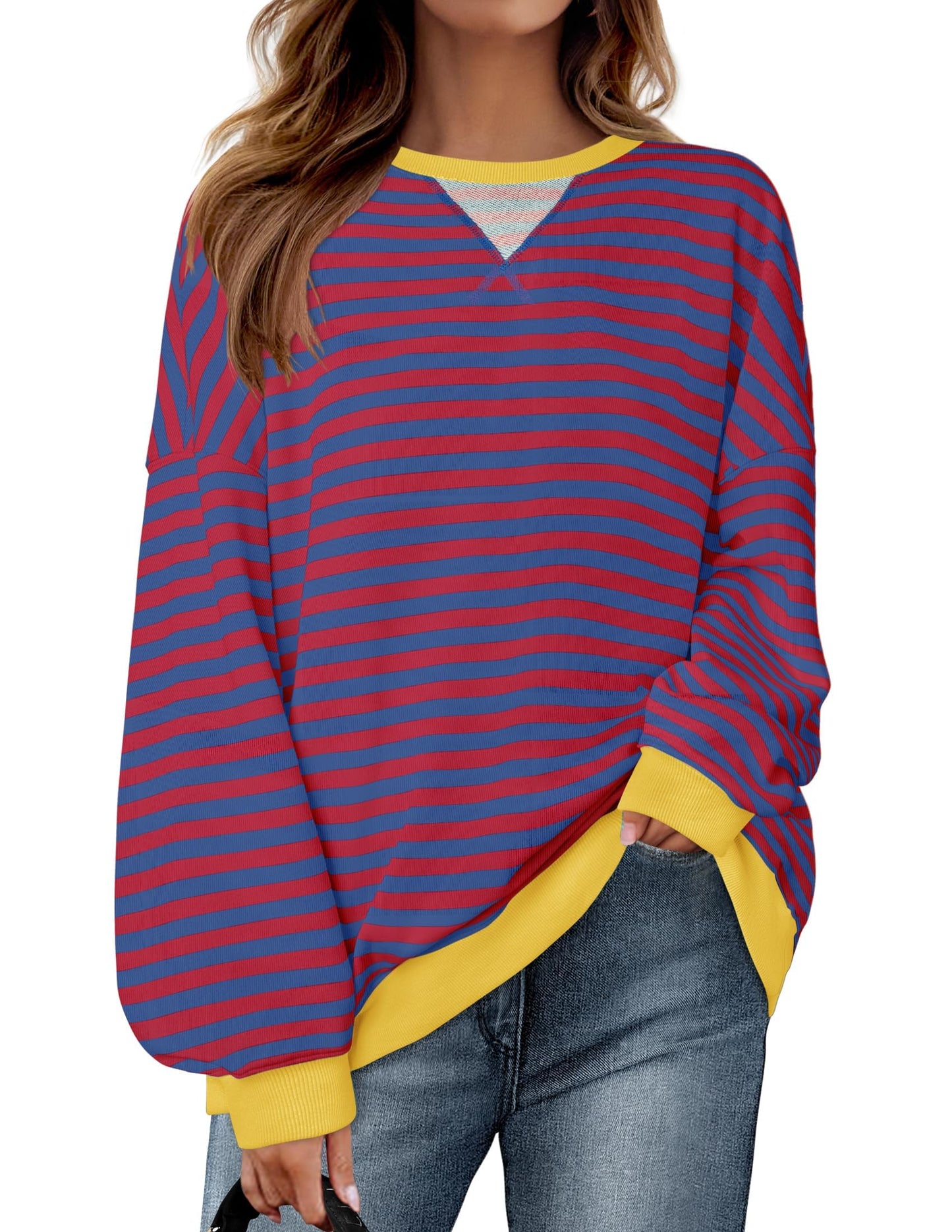 ZESICA Womens Casual Striped Pullover Tops Long Sleeve Shirts Crewneck Oversized Sweatshirts 2024 Fall Clothes