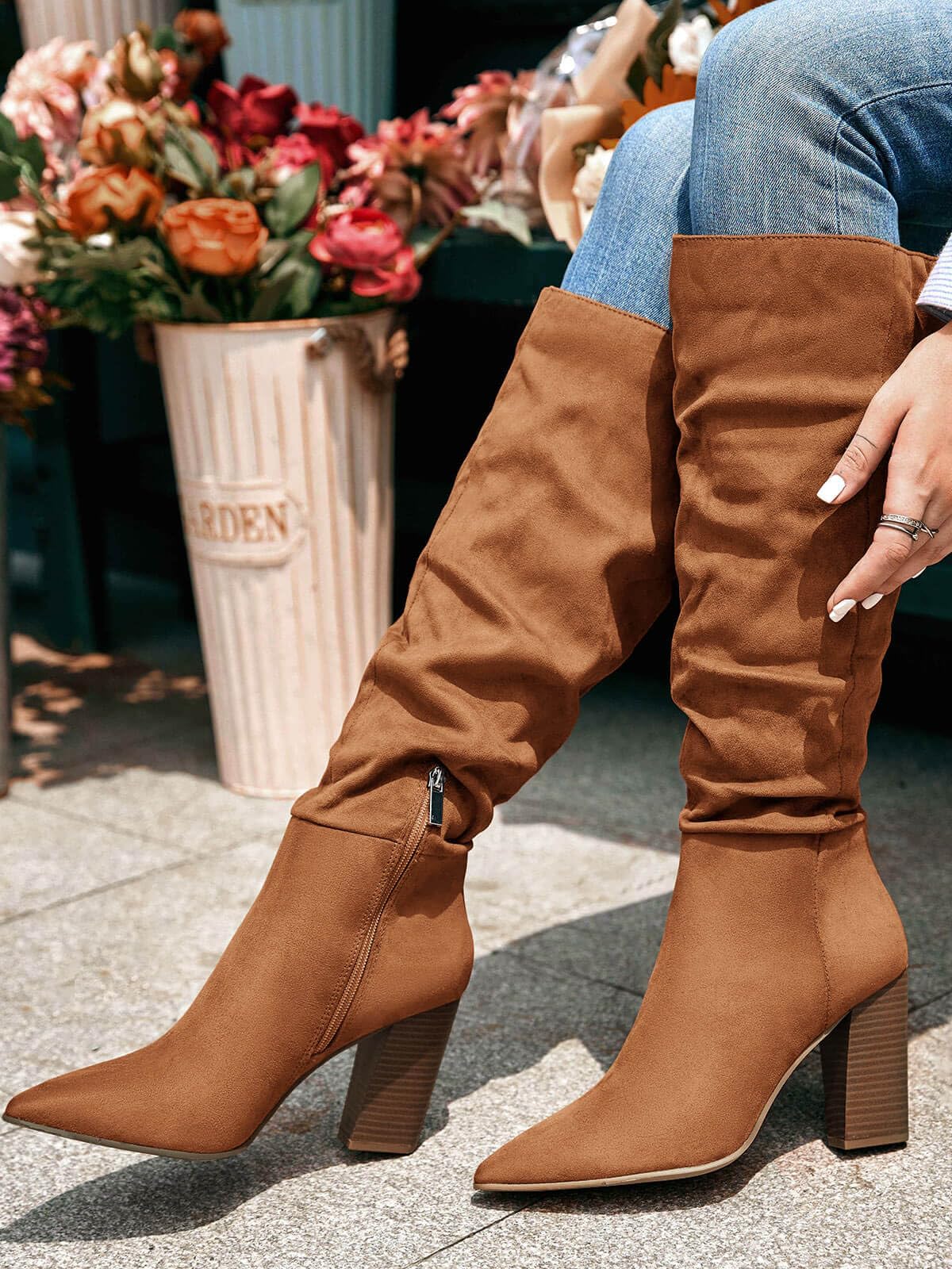 PiePieBuy Womens Faux Suede Knee High Boots Pointed Toe High Chunky Heel Side Zipper Party Dress Booties