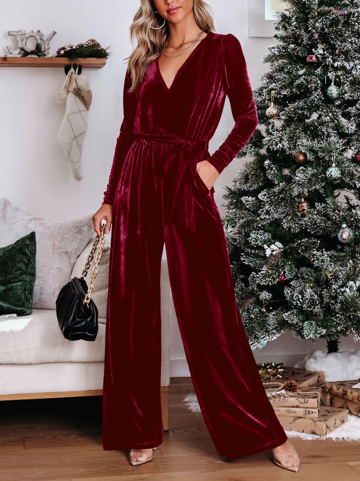 MASCOMODA 2024 Velvet Long Sleeve Wide Leg Jumpsuits for Women Dressy V Neck Belted Romper One Piece Fall Outfits with Pocket