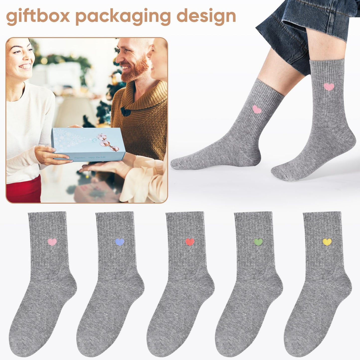 Corlap Women's Crew Calf Cotton Socks Long Fun Cute Heart Soft Dress Socks,Above Ankle High Casual Socks(5Pairs Gifts Box)