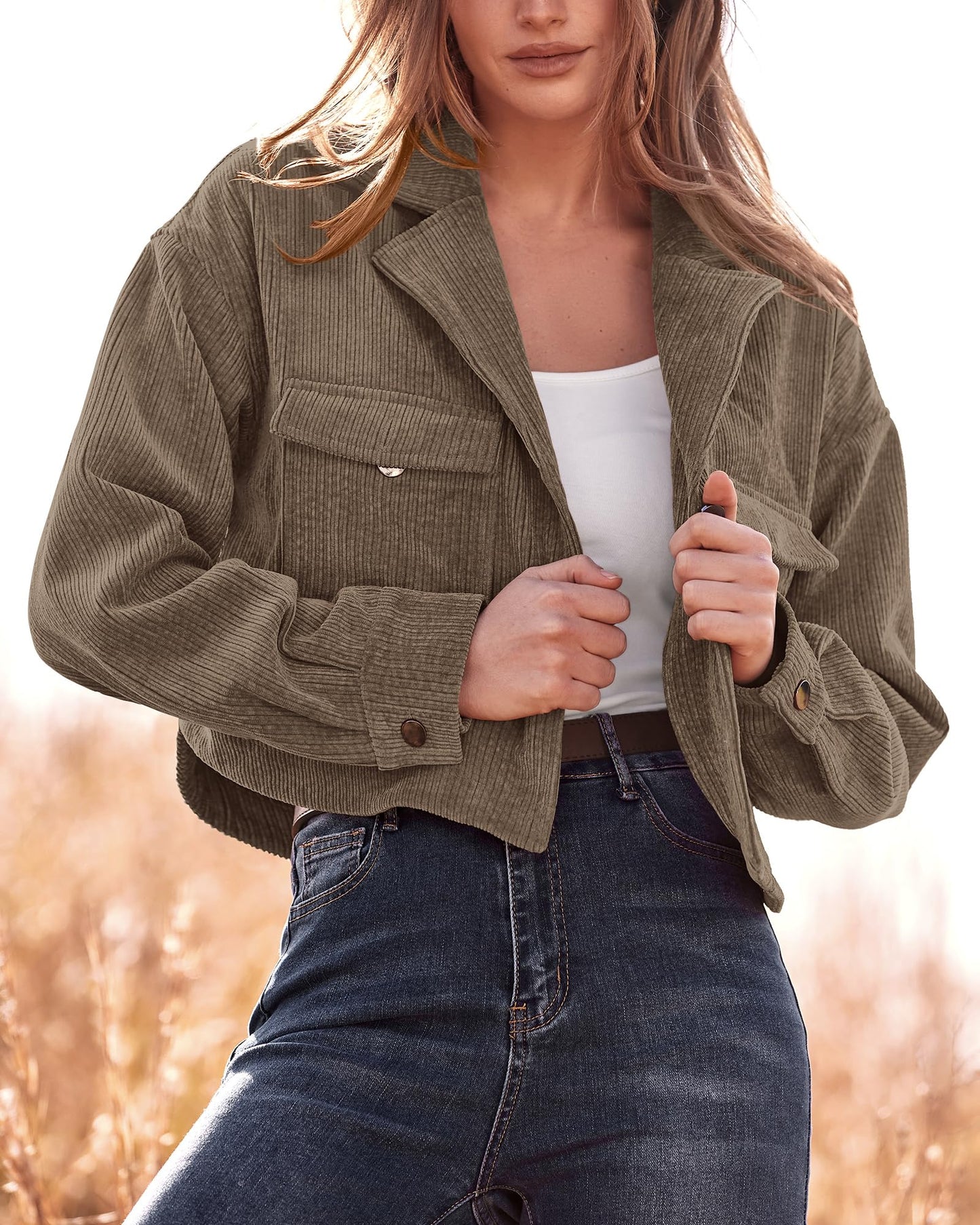 BTFBM Women's Corduroy Cropped Jacket 2024 Winter Fall Lapel Button Down Casual Short Shacket Jackets Coats with Pockets