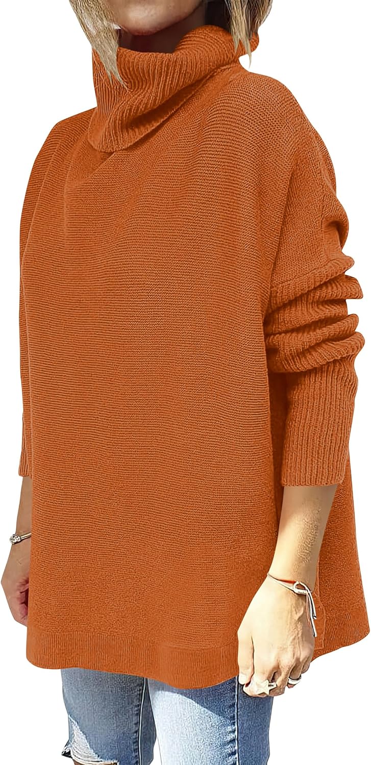 Caracilia Women's Turtleneck Oversized Sweaters 2024 Fall Long Batwing Sleeve Spilt Hem Tunic Pullover Sweater Knit Tops