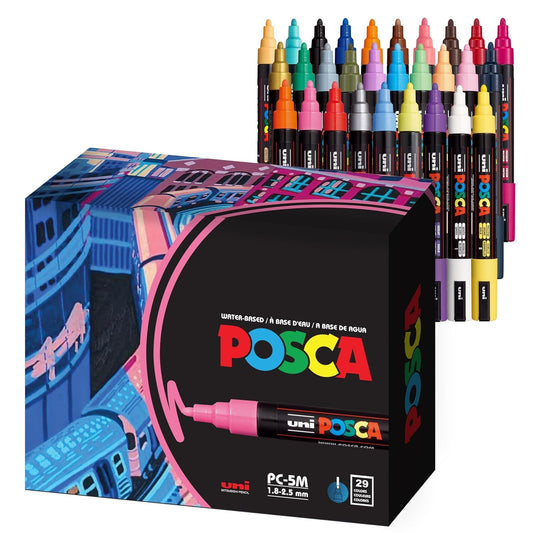 29 Medium Posca Markers with 5M Reversible Tips - Coloring Markers, Set of Acrylic Paint Pens for Art Supplies, Fabric Paint, Fabric/Art Markers