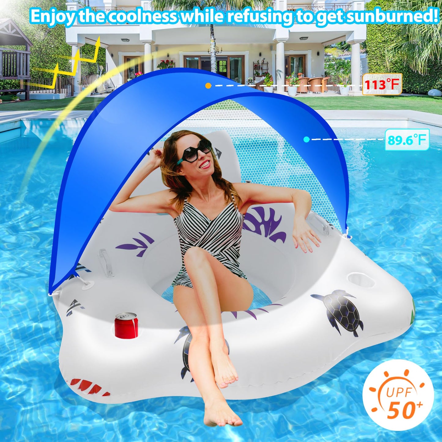 Inflatable Pool Floats Chair with Color Changing Light, Solar Powered Water Floats for Adults with 2 Cup Holders & 2 Armrests, Beach Float Pool Sofa, Pool Raft Lounge Pool Floaties for Adult