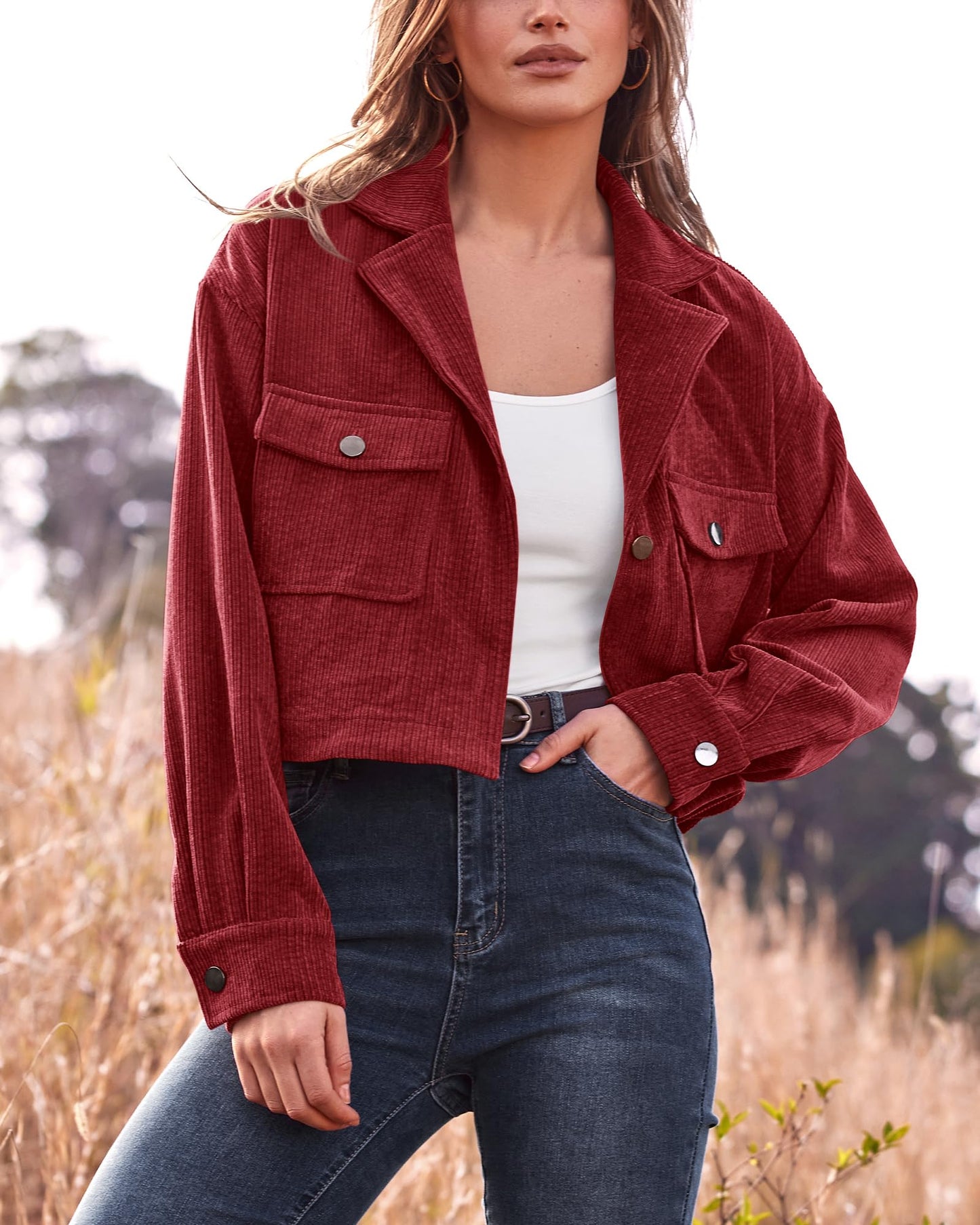 BTFBM Women's Corduroy Cropped Jacket 2024 Winter Fall Lapel Button Down Casual Short Shacket Jackets Coats with Pockets