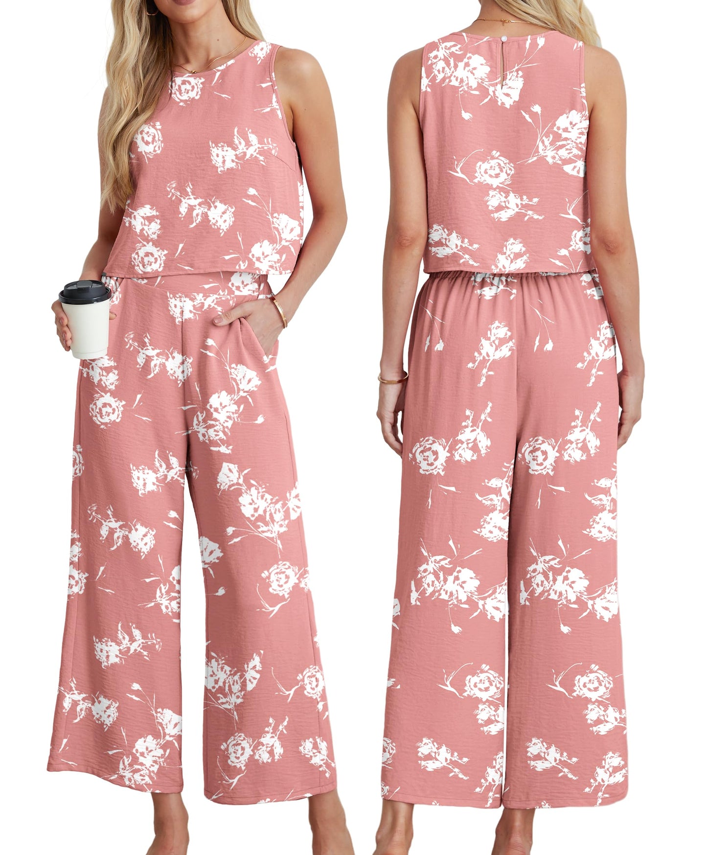 IWOLLENCE Women's Summer 2 Piece Outfits Set Round neck Sleeveless Tank Crop Top Wide Leg pants Set Pockets Jumpsuits