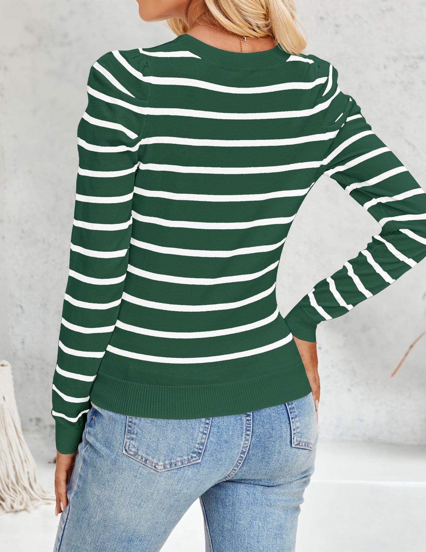 ZESICA Women's Striped Puff Long Sleeve Tops Fall Crewneck Ribbed Knit Casual Pullover Sweaters