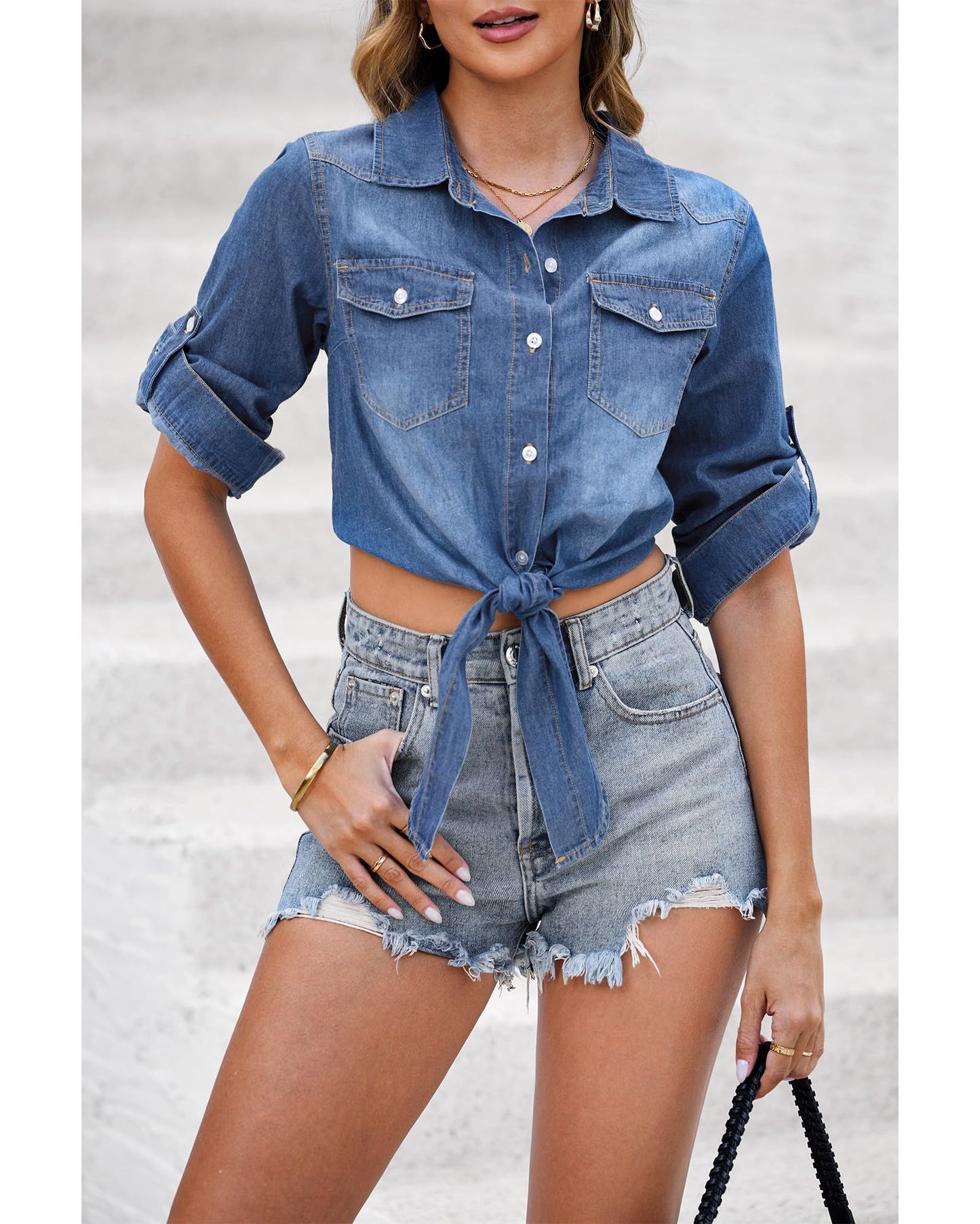 luvamia Denim Tops for Women Trendy Button Down Denim Shirt Tie Front Blouse 3/4 Sleeve Jean Chambray Crop Top Cardigan