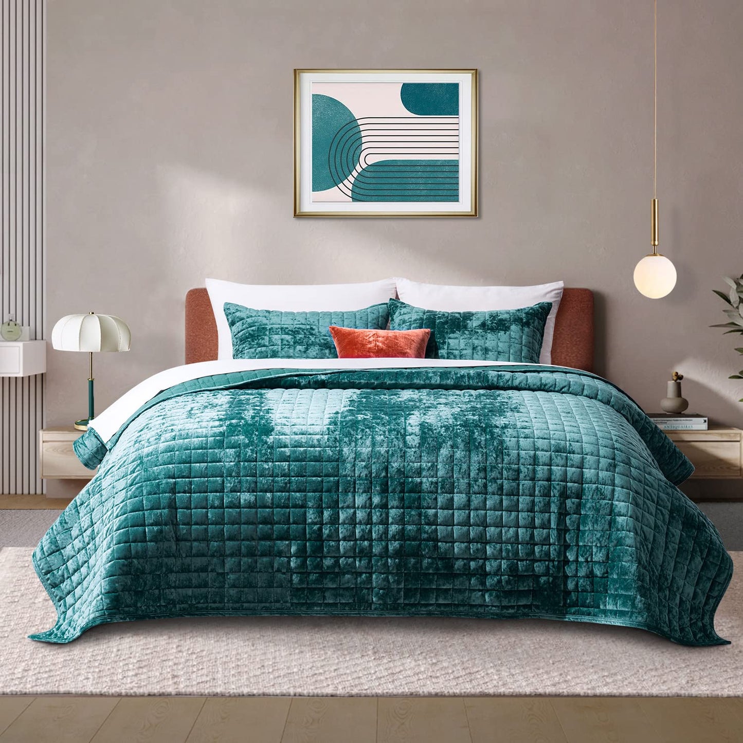 RECYCO Luxury Velvet Quilt King Size, Ultra Soft Velvet Bedding Sets, Lightweight Quilted Velvet Comforter Set, Channel Stitch Oversized Bedspread Coverlet with 2 Pillow Shams, Emerald Green