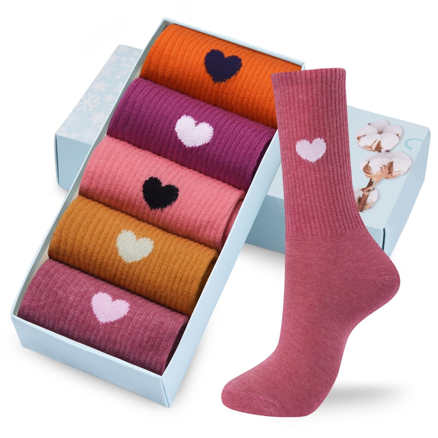 Corlap Women's Crew Calf Cotton Socks Long Fun Cute Heart Soft Dress Socks,Above Ankle High Casual Socks(5Pairs Gifts Box)