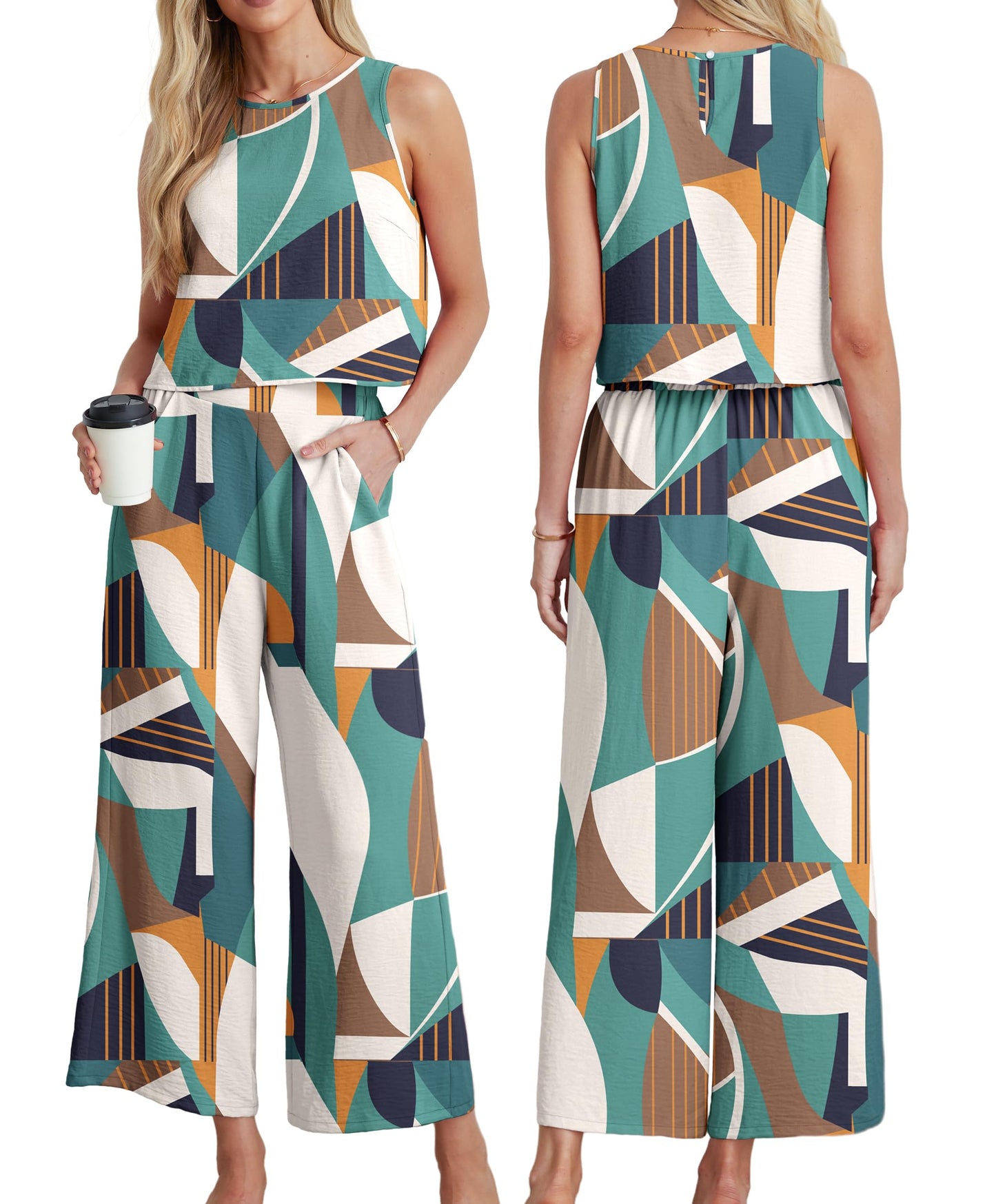 IWOLLENCE Women's Summer 2 Piece Outfits Set Round neck Sleeveless Tank Crop Top Wide Leg pants Set Pockets Jumpsuits