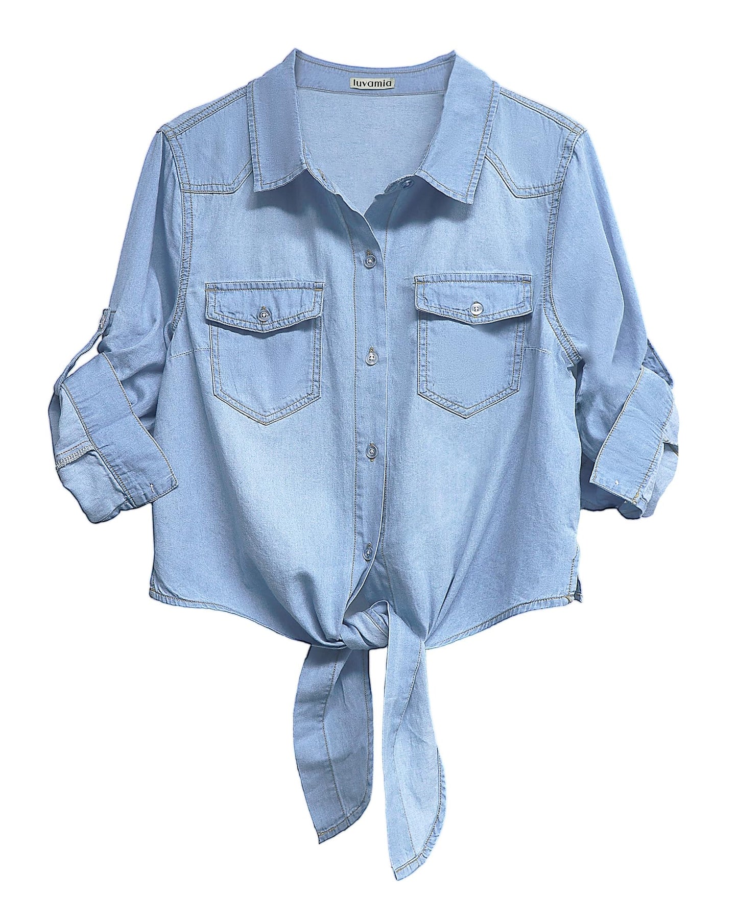 luvamia Denim Tops for Women Trendy Button Down Denim Shirt Tie Front Blouse 3/4 Sleeve Jean Chambray Crop Top Cardigan