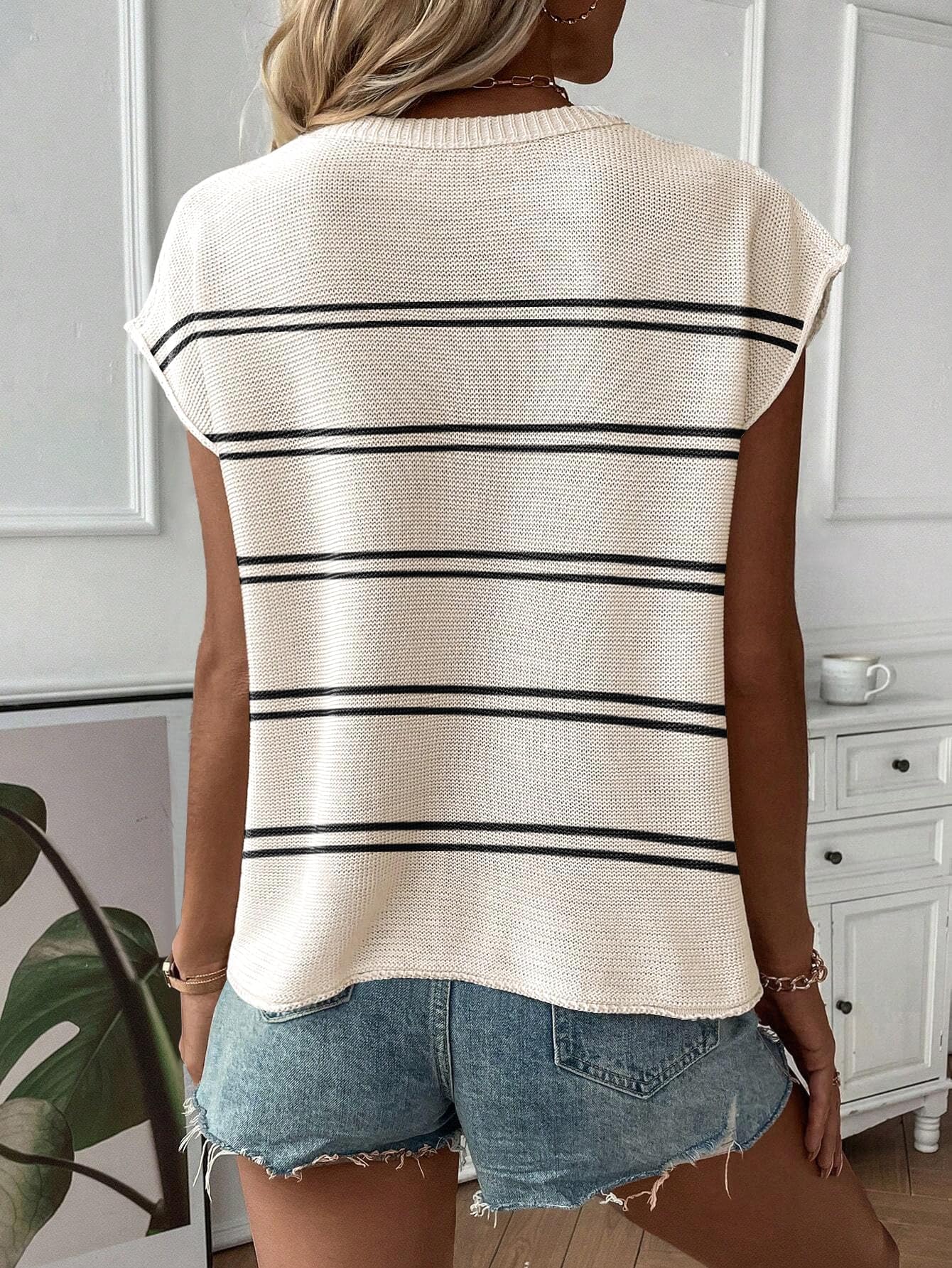 SAUKOLE Women's Sleeveless Sweater Vest Casual V Neck Cap Sleeve Knit Pullover Tank Tops 2024 Spring Clothes