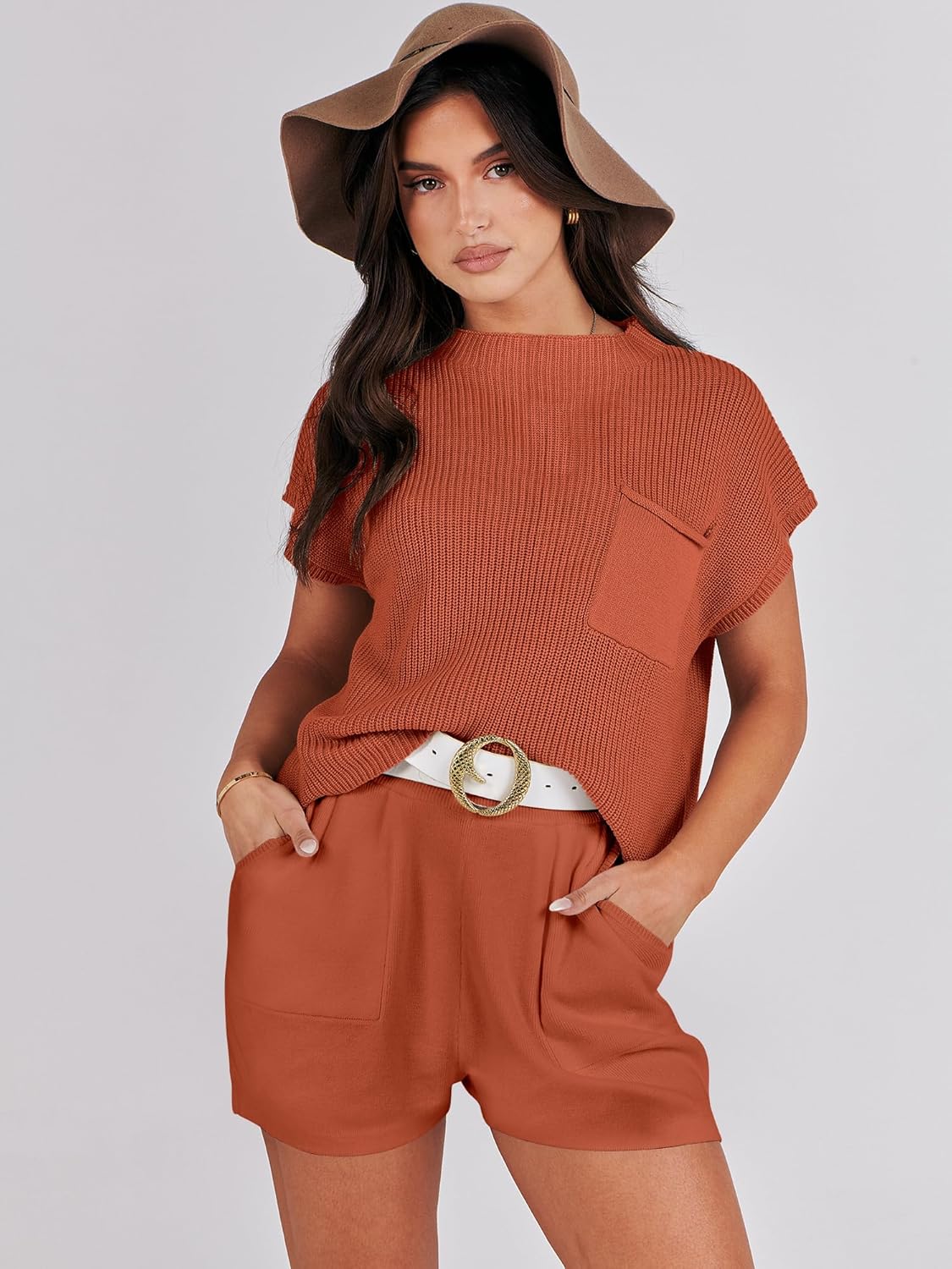 Caracilia 2 Piece Lounge Sets for Women 2024 Summer Short Sleeve Sweaters and Shorts Matching Sets Clothing Casual Fashion