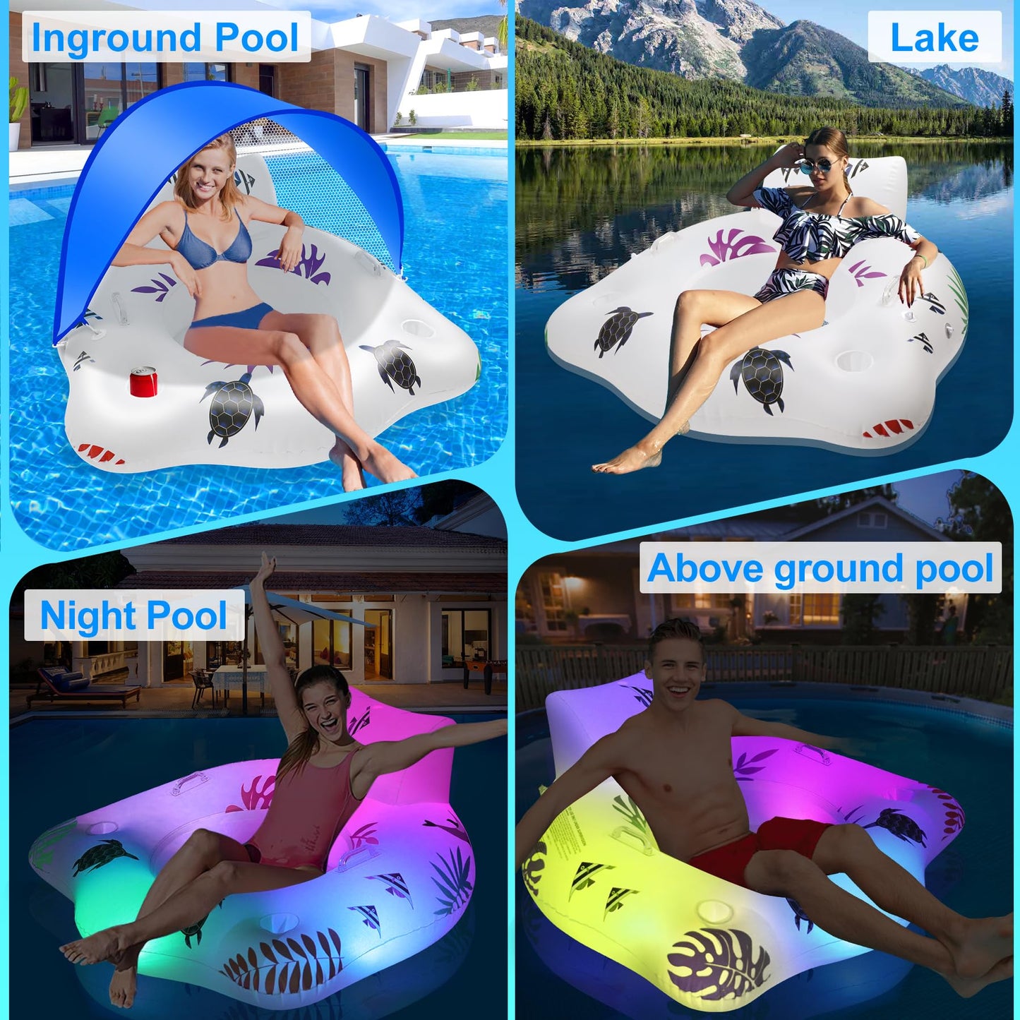 Inflatable Pool Floats Chair with Color Changing Light, Solar Powered Water Floats for Adults with 2 Cup Holders & 2 Armrests, Beach Float Pool Sofa, Pool Raft Lounge Pool Floaties for Adult