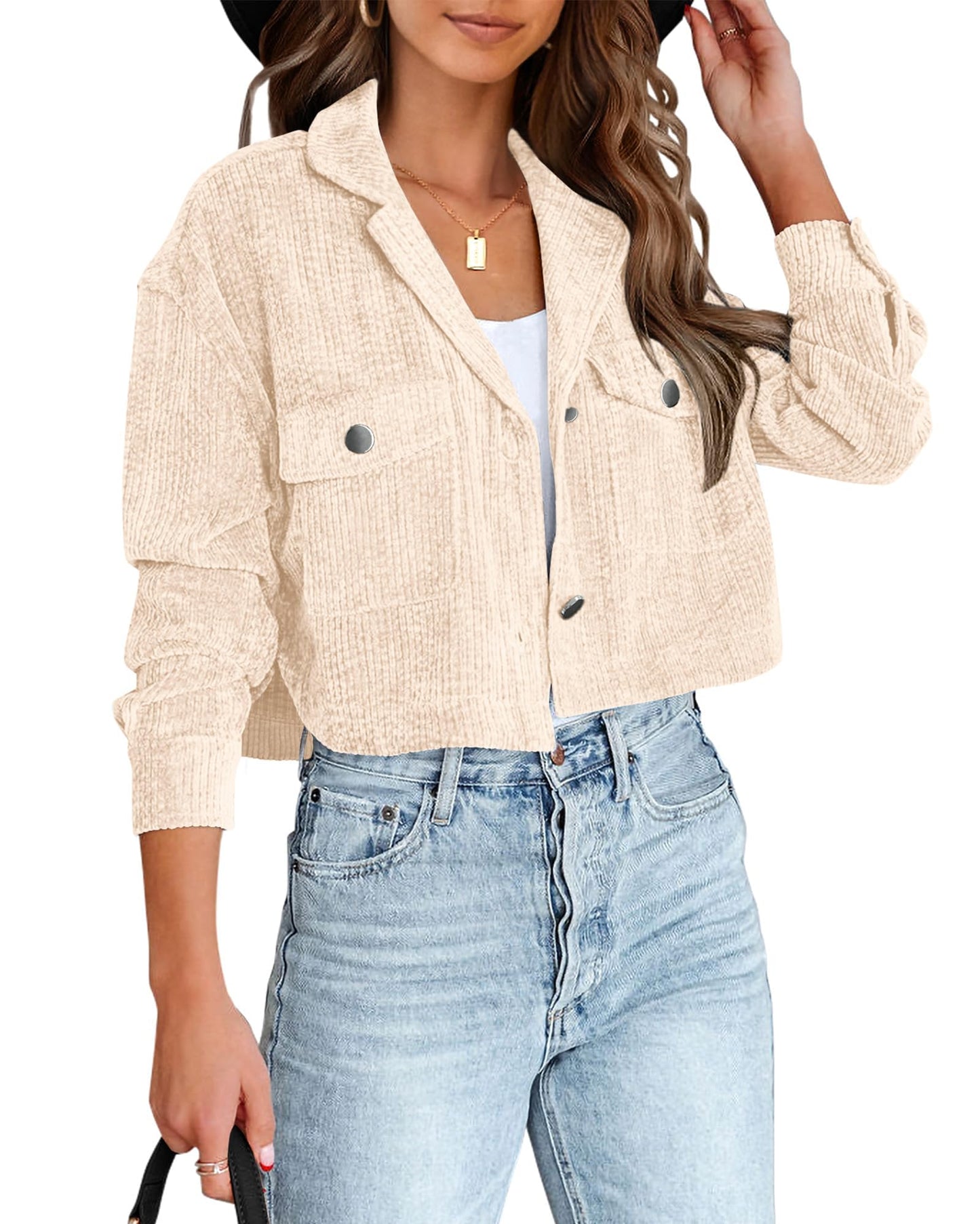 BTFBM Women's Corduroy Cropped Jacket 2024 Winter Fall Lapel Button Down Casual Short Shacket Jackets Coats with Pockets