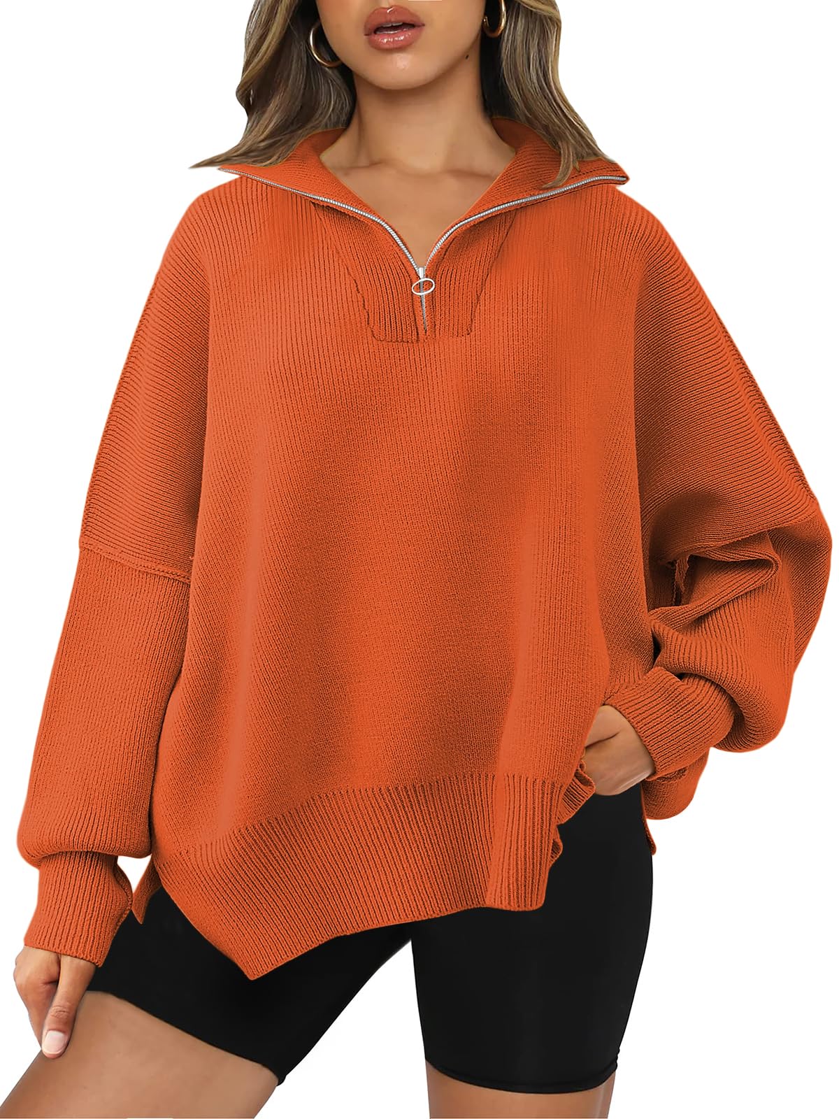 LILLUSORY Women's Oversized Sweaters 2024 Fall Trendy Zipper Collared Sweatshirts Drop Shoulder Tunic Knit Pullover Tops