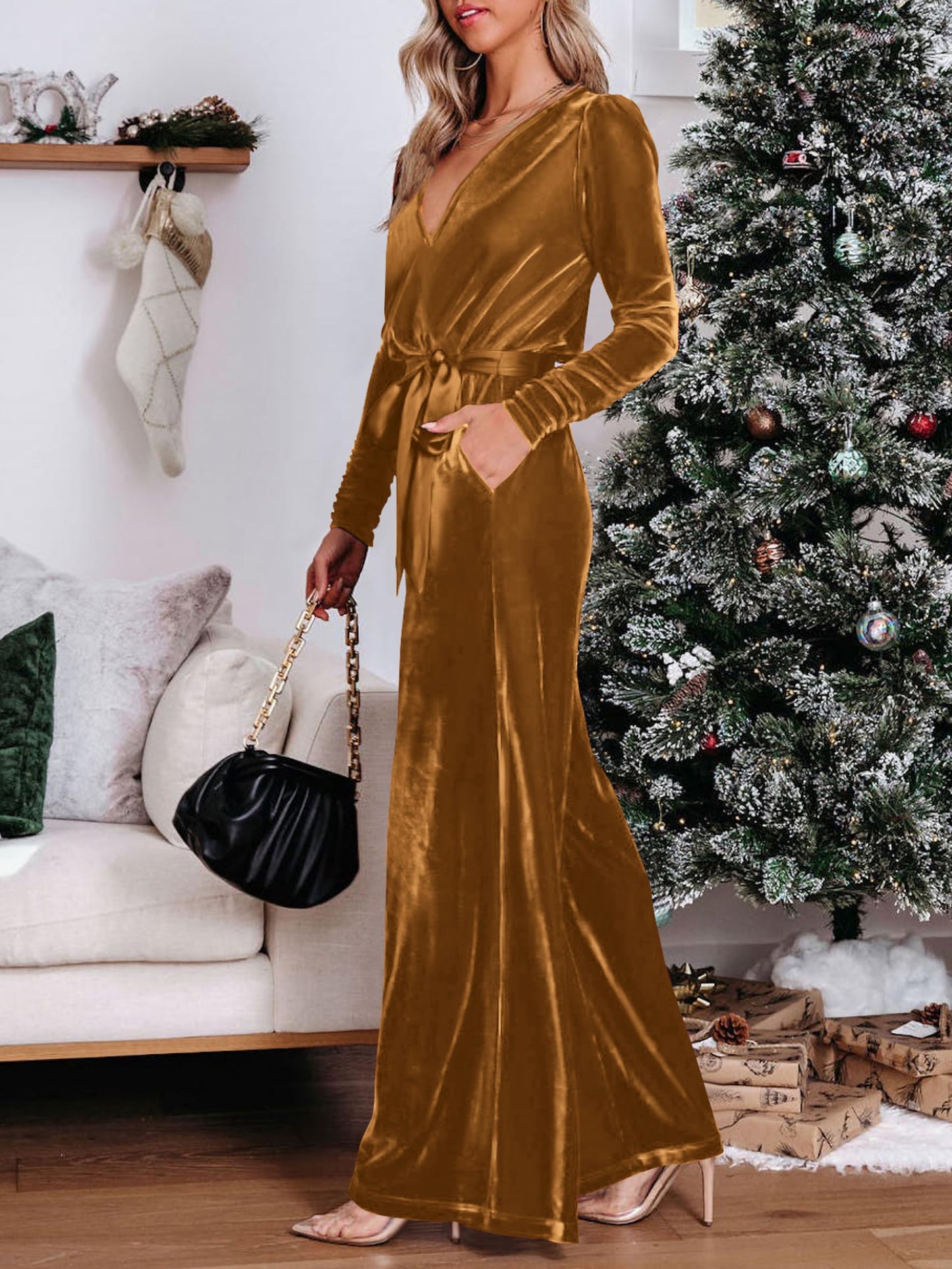 MASCOMODA 2024 Velvet Long Sleeve Wide Leg Jumpsuits for Women Dressy V Neck Belted Romper One Piece Fall Outfits with Pocket