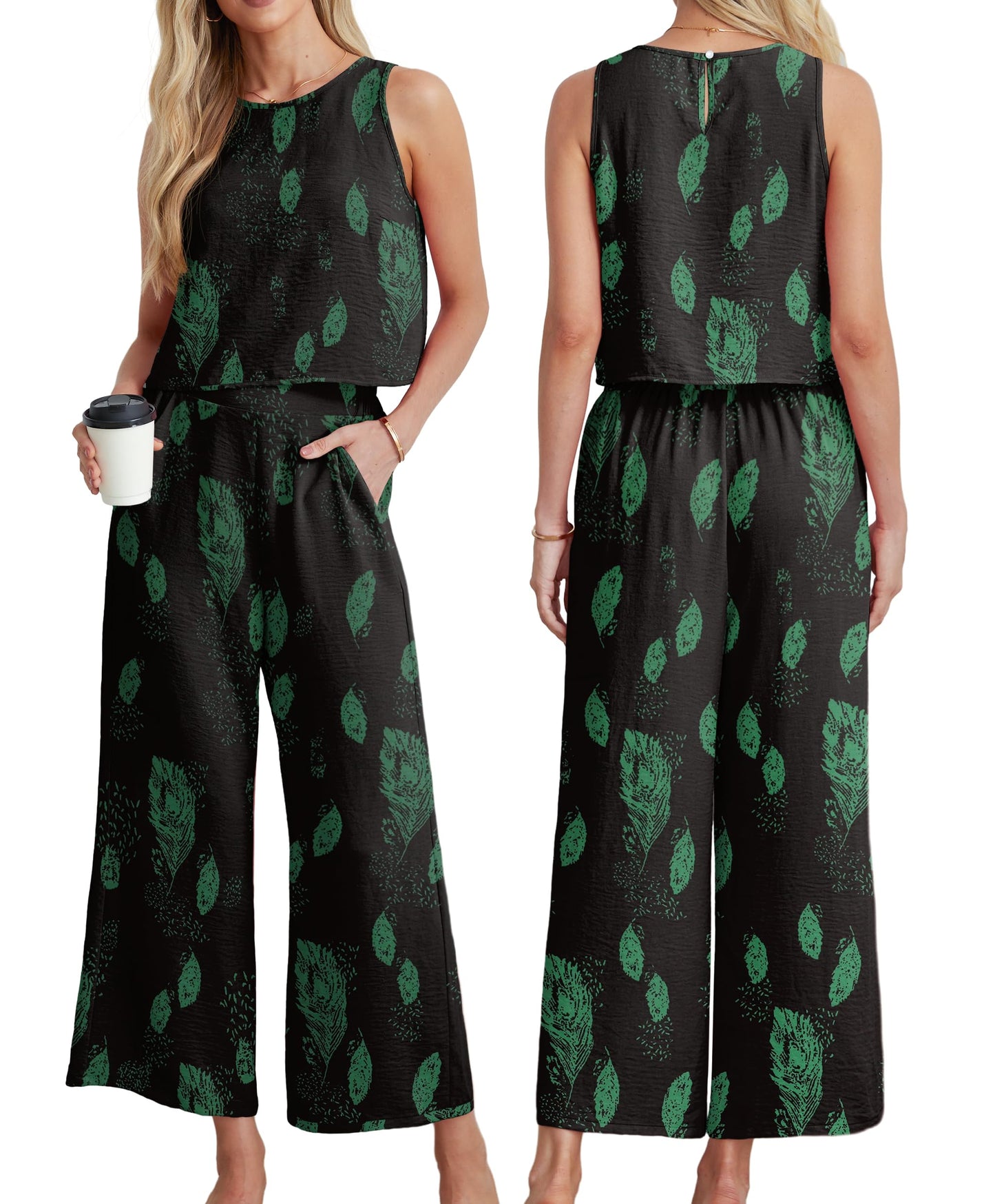 IWOLLENCE Women's Summer 2 Piece Outfits Set Round neck Sleeveless Tank Crop Top Wide Leg pants Set Pockets Jumpsuits