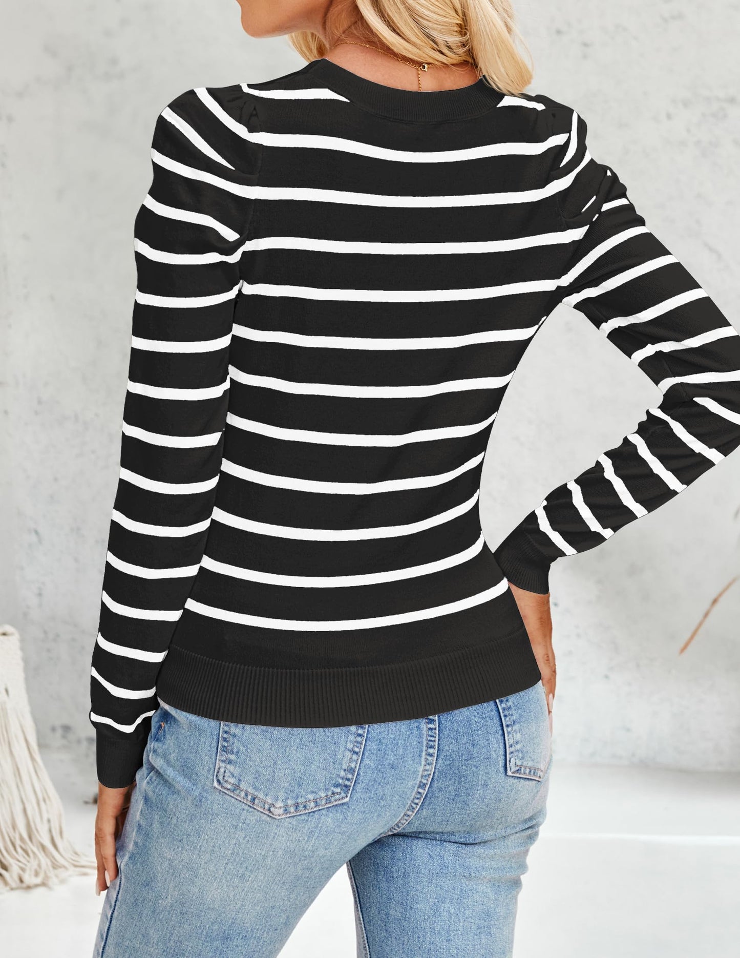 ZESICA Women's Striped Puff Long Sleeve Tops Fall Crewneck Ribbed Knit Casual Pullover Sweaters