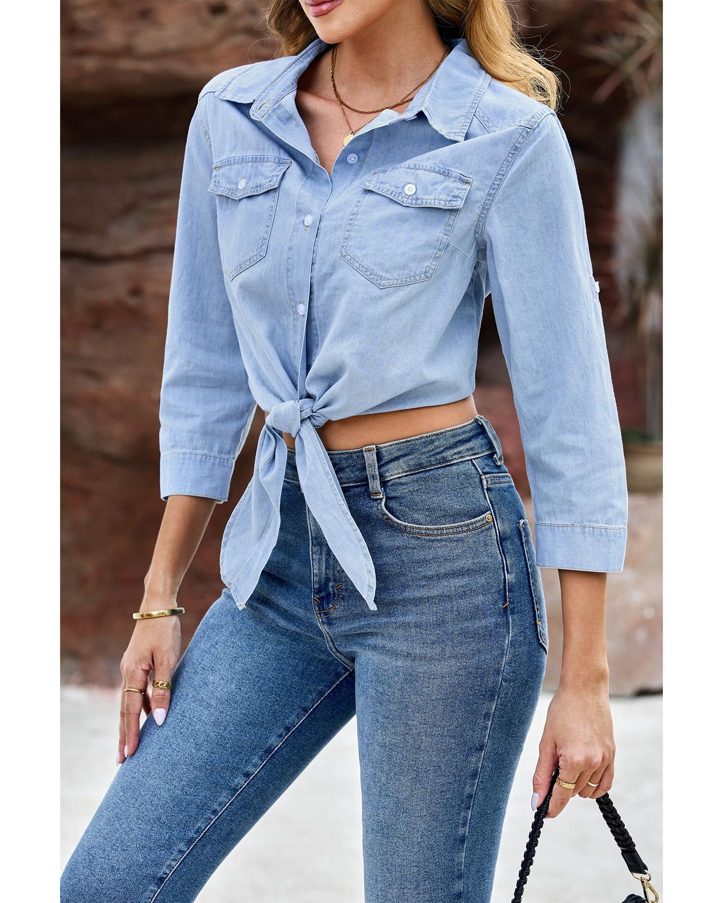 luvamia Denim Tops for Women Trendy Button Down Denim Shirt Tie Front Blouse 3/4 Sleeve Jean Chambray Crop Top Cardigan