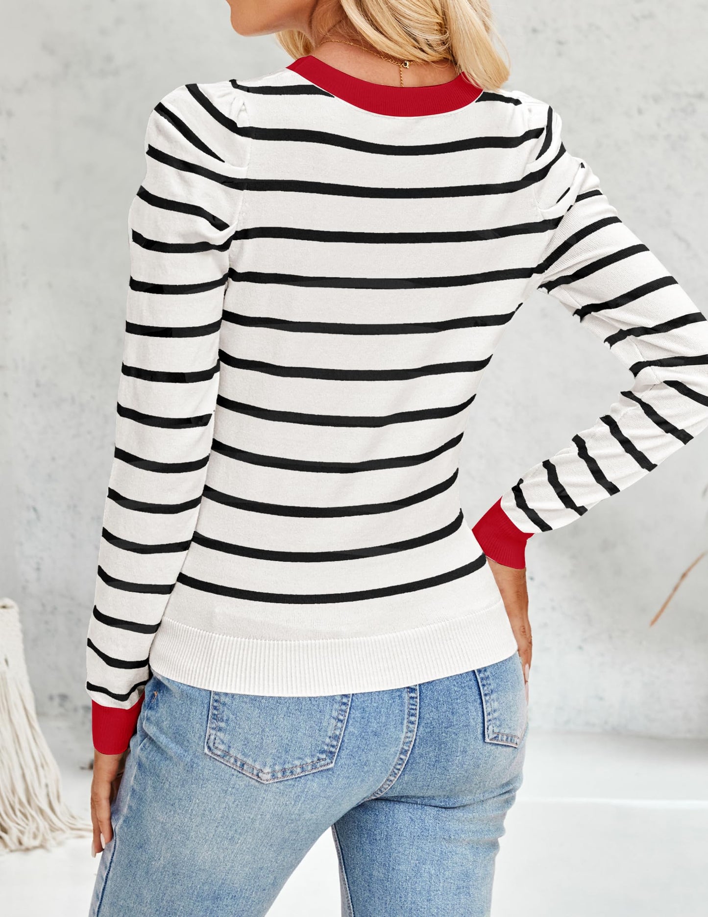 ZESICA Women's Striped Puff Long Sleeve Tops Fall Crewneck Ribbed Knit Casual Pullover Sweaters