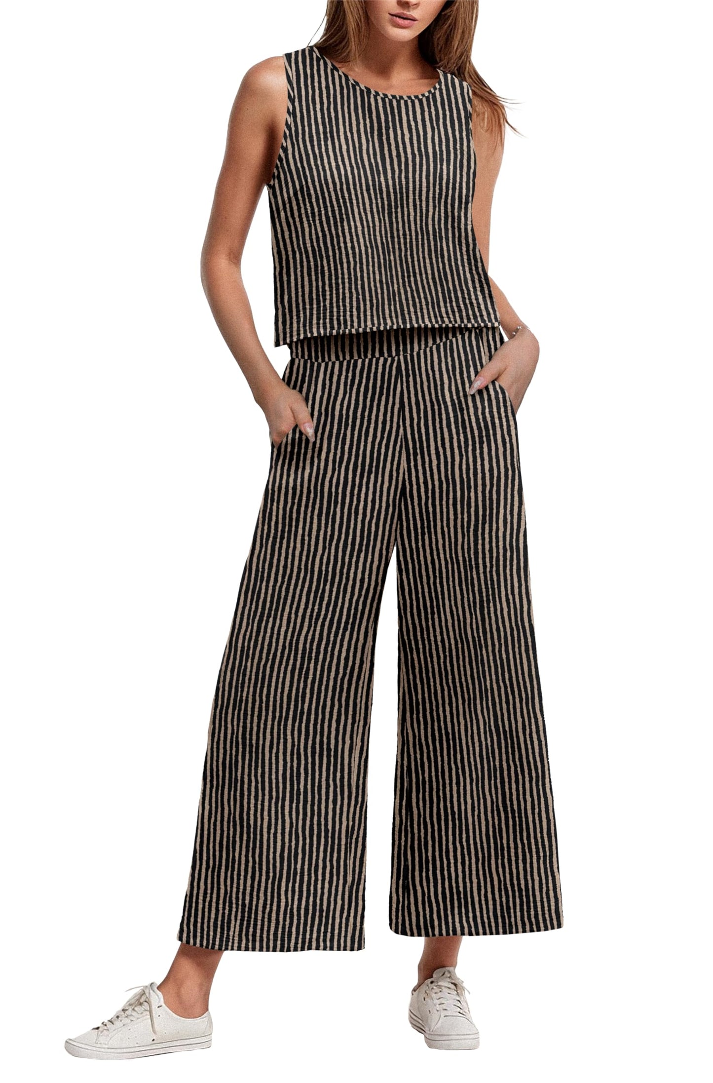 IWOLLENCE Women's Summer 2 Piece Outfits Set Round neck Sleeveless Tank Crop Top Wide Leg pants Set Pockets Jumpsuits
