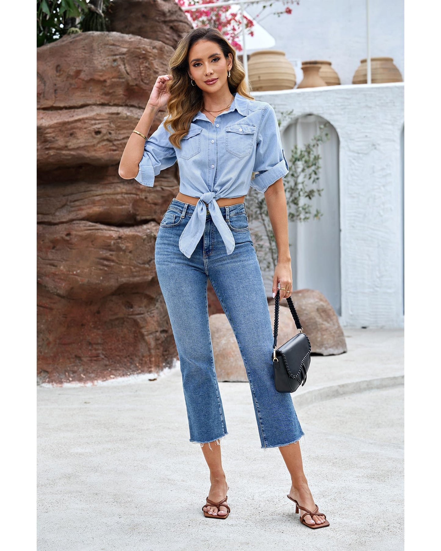 luvamia Denim Tops for Women Trendy Button Down Denim Shirt Tie Front Blouse 3/4 Sleeve Jean Chambray Crop Top Cardigan