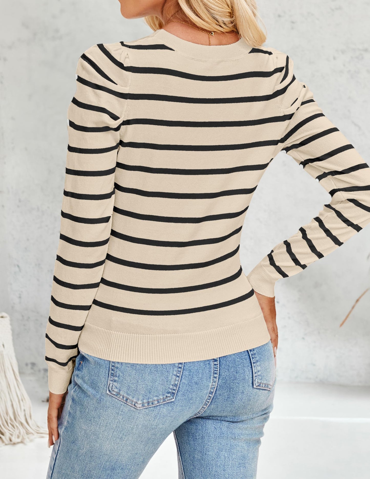 ZESICA Women's Striped Puff Long Sleeve Tops Fall Crewneck Ribbed Knit Casual Pullover Sweaters