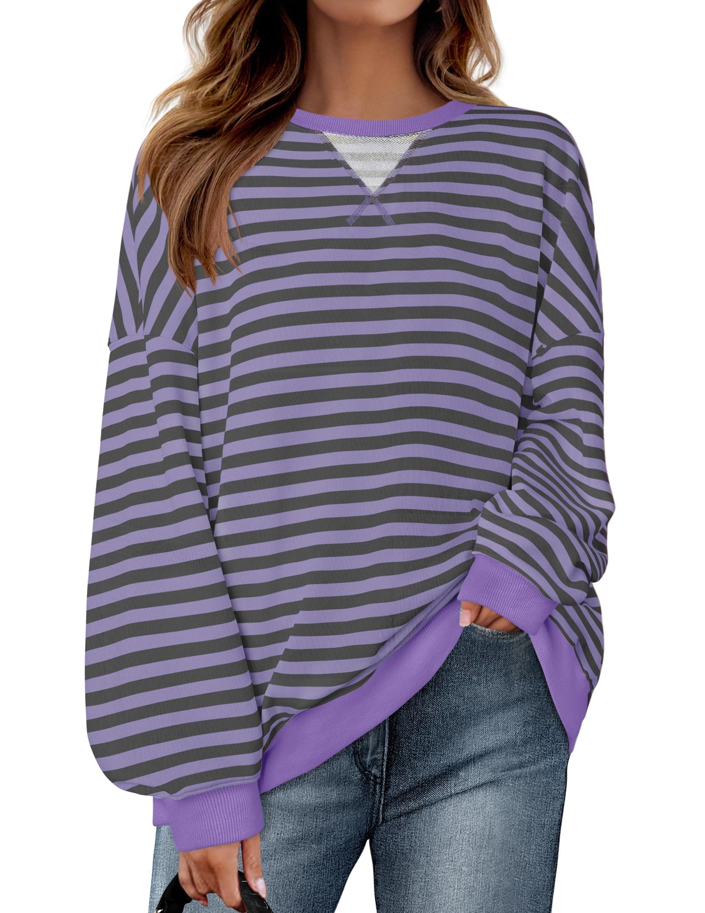 ZESICA Womens Casual Striped Pullover Tops Long Sleeve Shirts Crewneck Oversized Sweatshirts 2024 Fall Clothes