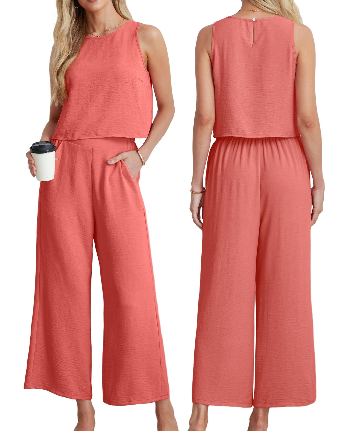 IWOLLENCE Women's Summer 2 Piece Outfits Set Round neck Sleeveless Tank Crop Top Wide Leg pants Set Pockets Jumpsuits
