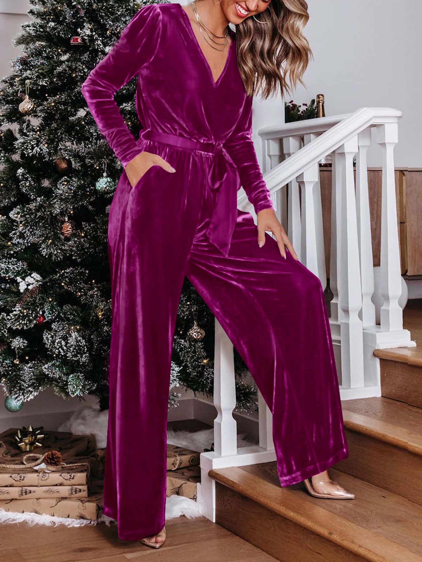 MASCOMODA 2024 Velvet Long Sleeve Wide Leg Jumpsuits for Women Dressy V Neck Belted Romper One Piece Fall Outfits with Pocket