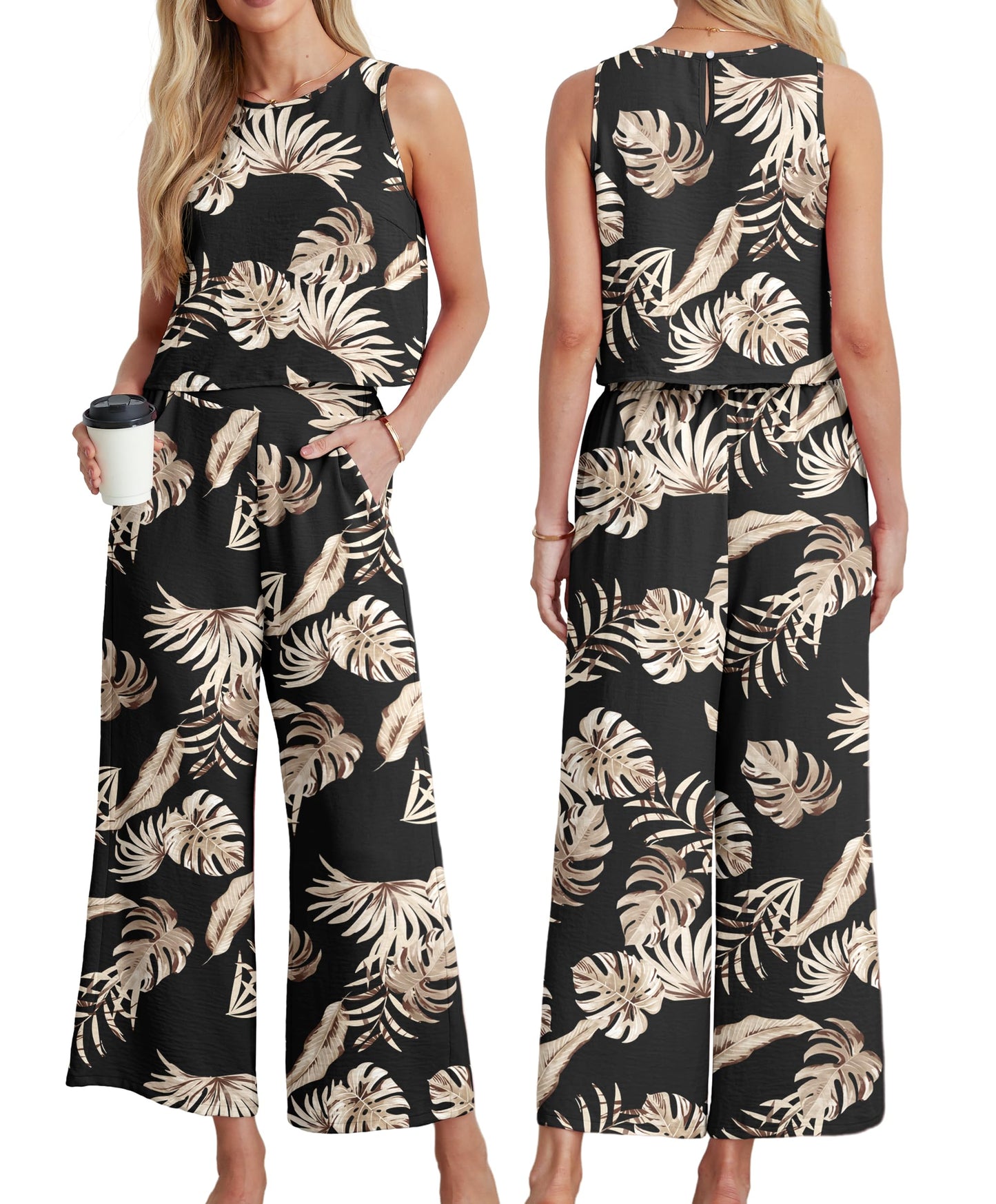 IWOLLENCE Women's Summer 2 Piece Outfits Set Round neck Sleeveless Tank Crop Top Wide Leg pants Set Pockets Jumpsuits