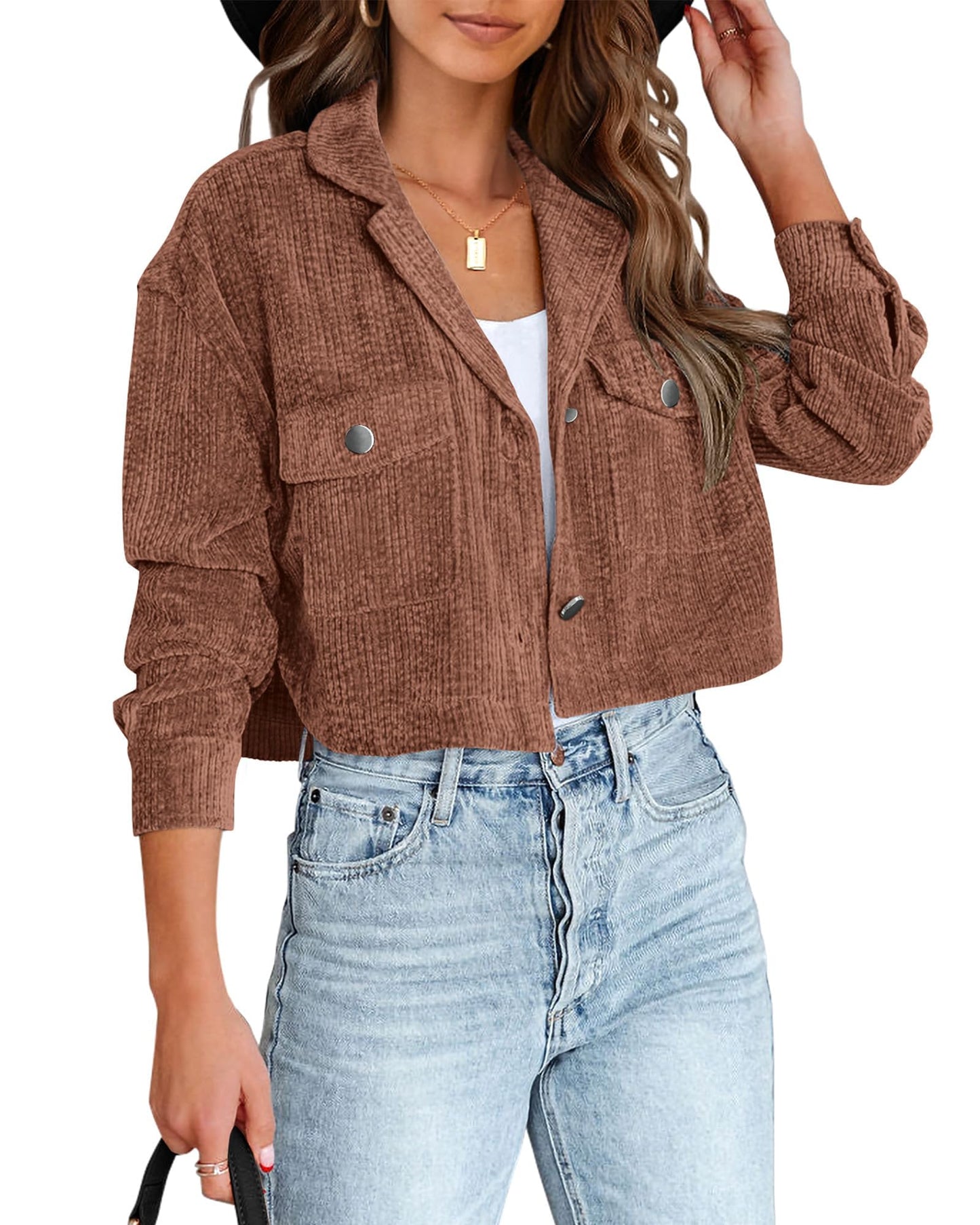 BTFBM Women's Corduroy Cropped Jacket 2024 Winter Fall Lapel Button Down Casual Short Shacket Jackets Coats with Pockets