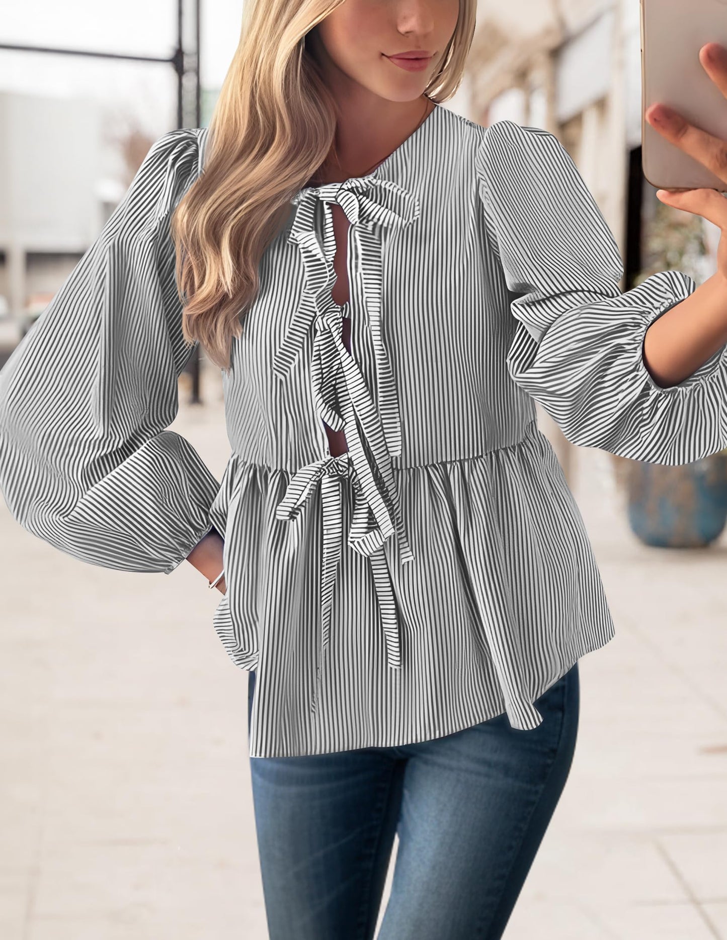 NENONA Women's Bow Tie Front Babydoll Blouse Tops Long Sleeve Stripe Peplum Ruffle Lace Up Shirts