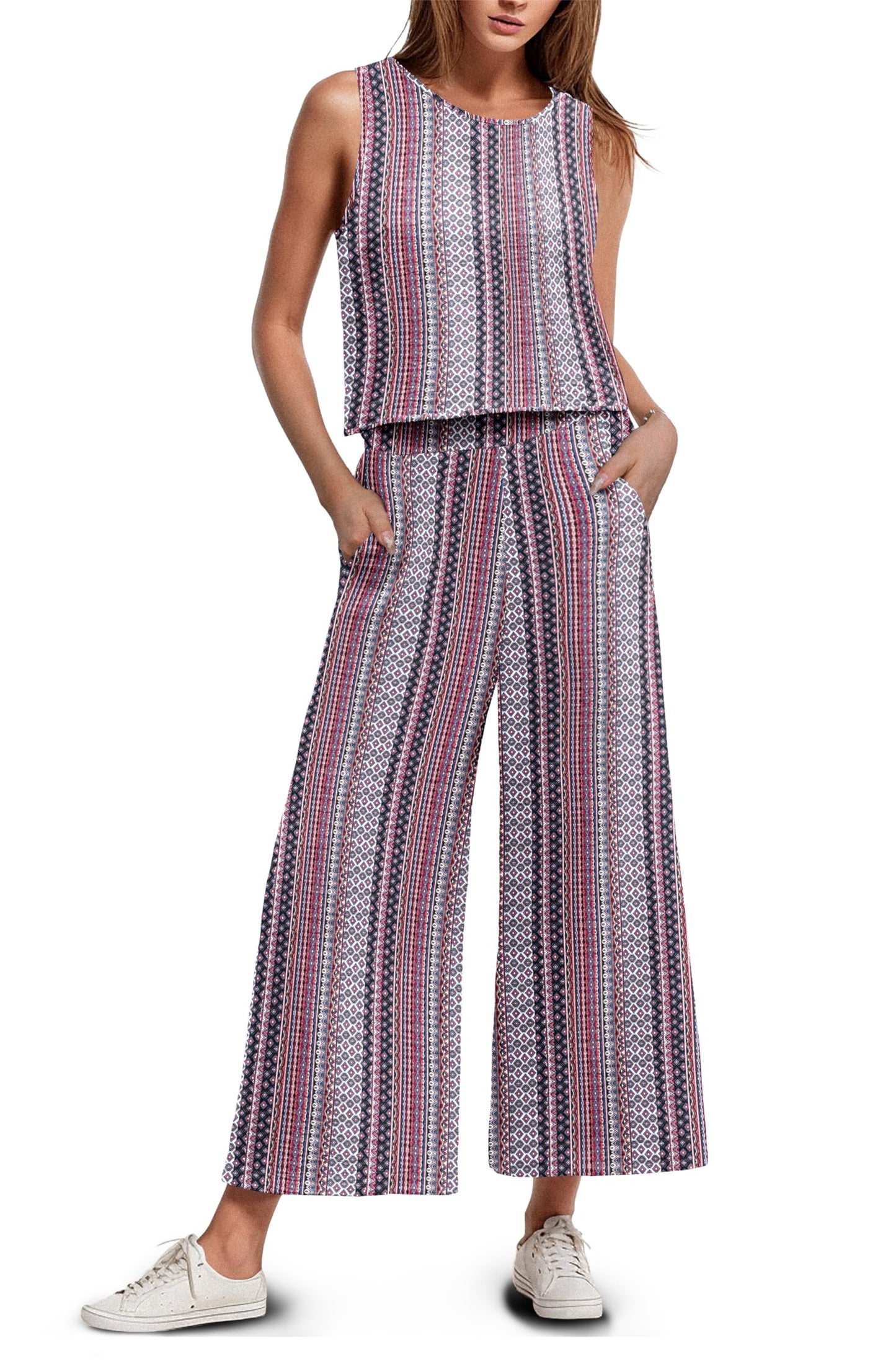 IWOLLENCE Women's Summer 2 Piece Outfits Set Round neck Sleeveless Tank Crop Top Wide Leg pants Set Pockets Jumpsuits
