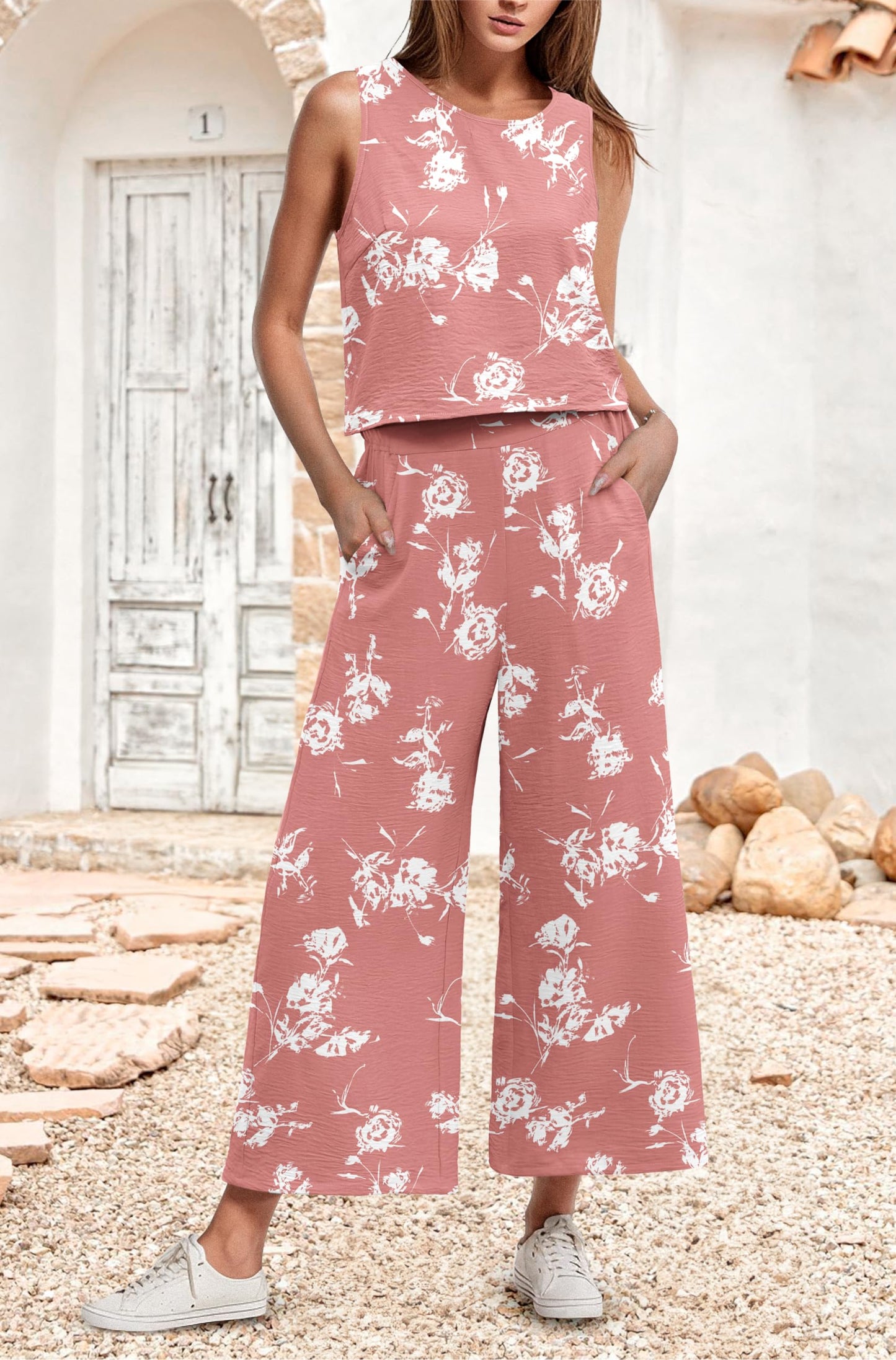 IWOLLENCE Women's Summer 2 Piece Outfits Set Round neck Sleeveless Tank Crop Top Wide Leg pants Set Pockets Jumpsuits