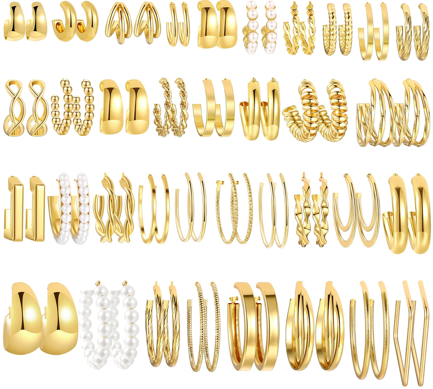 FAXHION 36 Pairs Gold Earrings Set for Women, Fashion Pearl Chain Link Stud Drop Dangle Earrings Multipack Hoop Earring Packs, Hypoallergenic Earrings for Birthday Party Jewelry