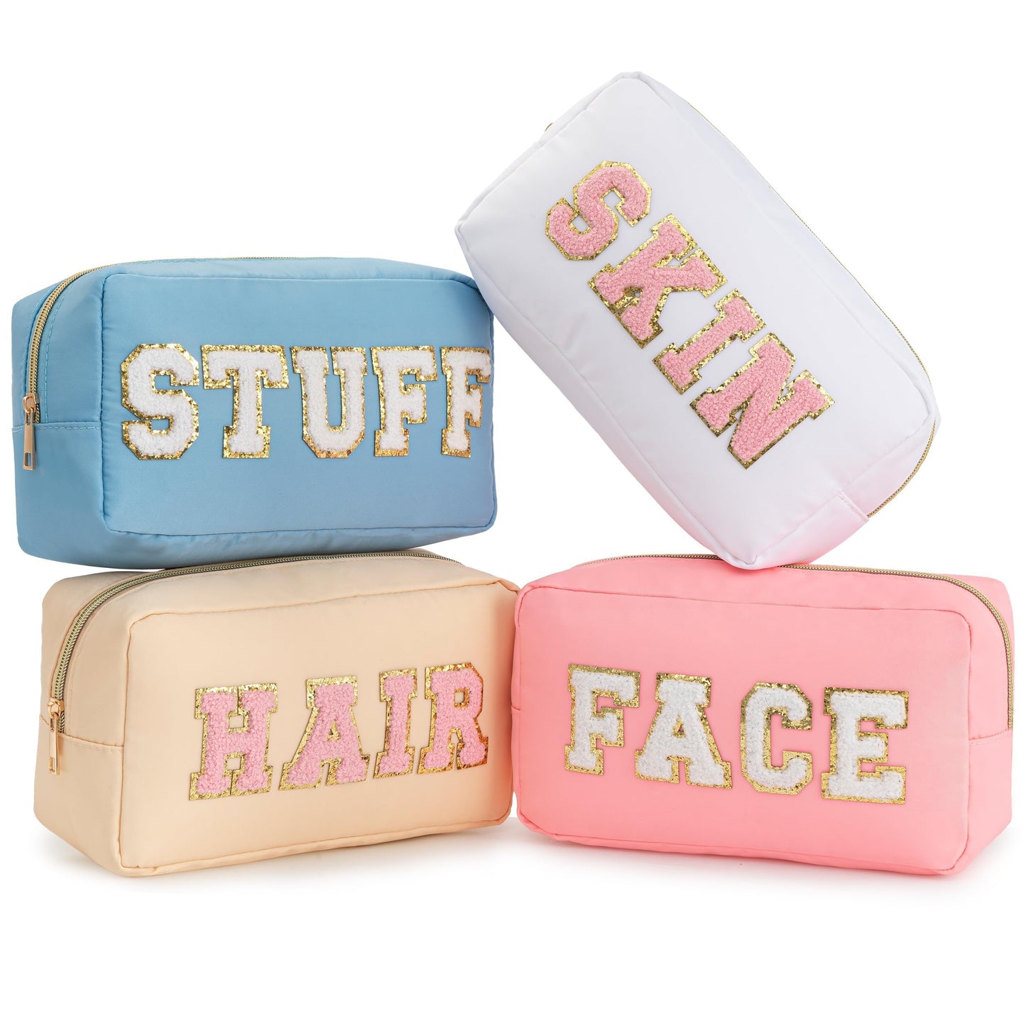 HBselect 4 Pcs Preppy Makeup Bag Travel Stuff Bag Chenille Letter Patch Nylon Cosmetic Bag Large Capacity Portable Toiletry Bag Waterproof Makeup Organizer Bag Set for Women Teen Girl